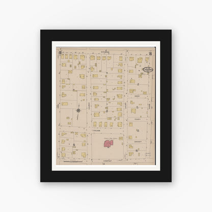 Old map wall art mockup — black gallery frame with white mat — Sanborn Fire Insurance Map from Commerce, Hunt County, Texas (1922), Sheet #0008