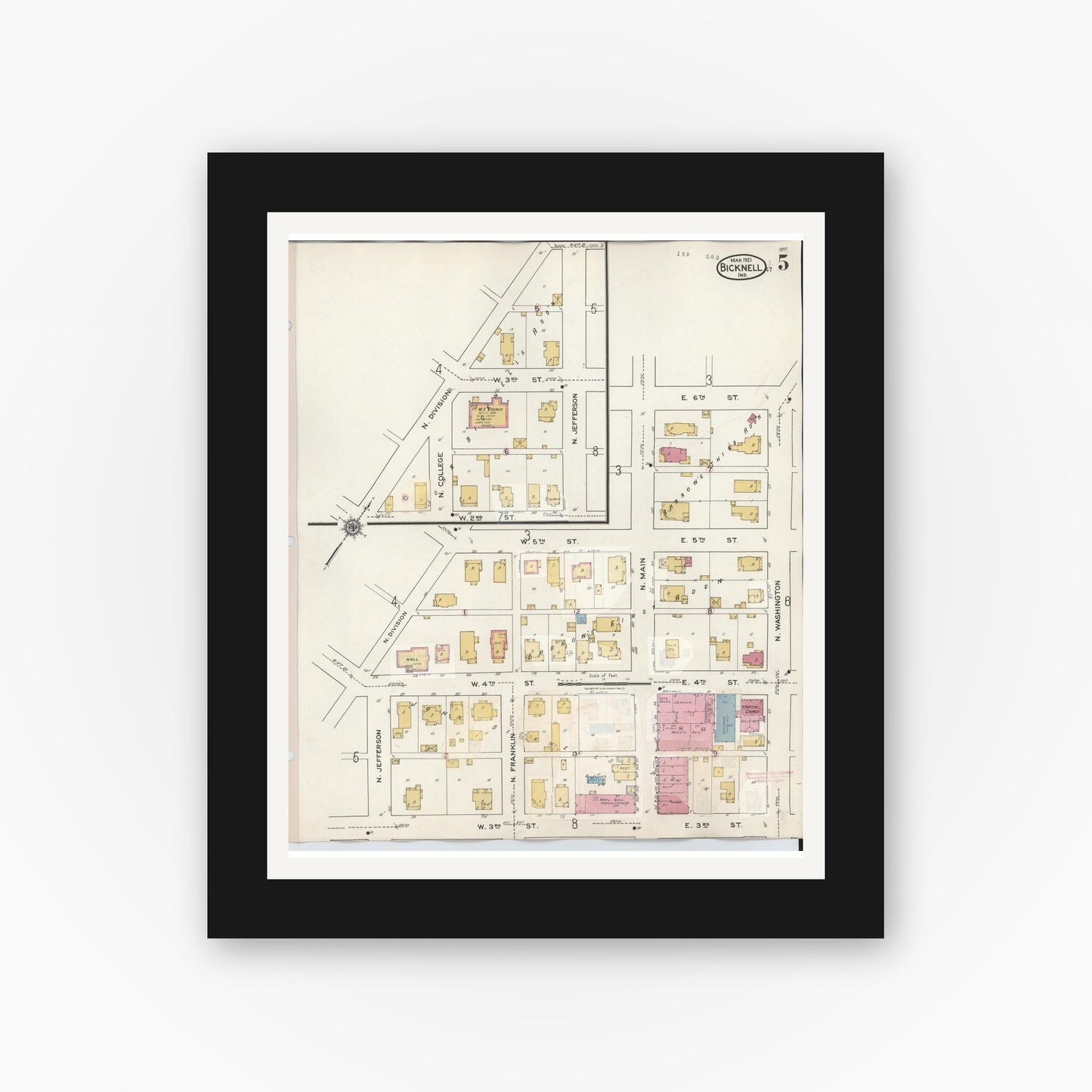 Old map wall art mockup — black gallery frame with white mat — Sanborn Fire Insurance Map from Bicknell, Knox County, Indiana (1946), Sheet #0005