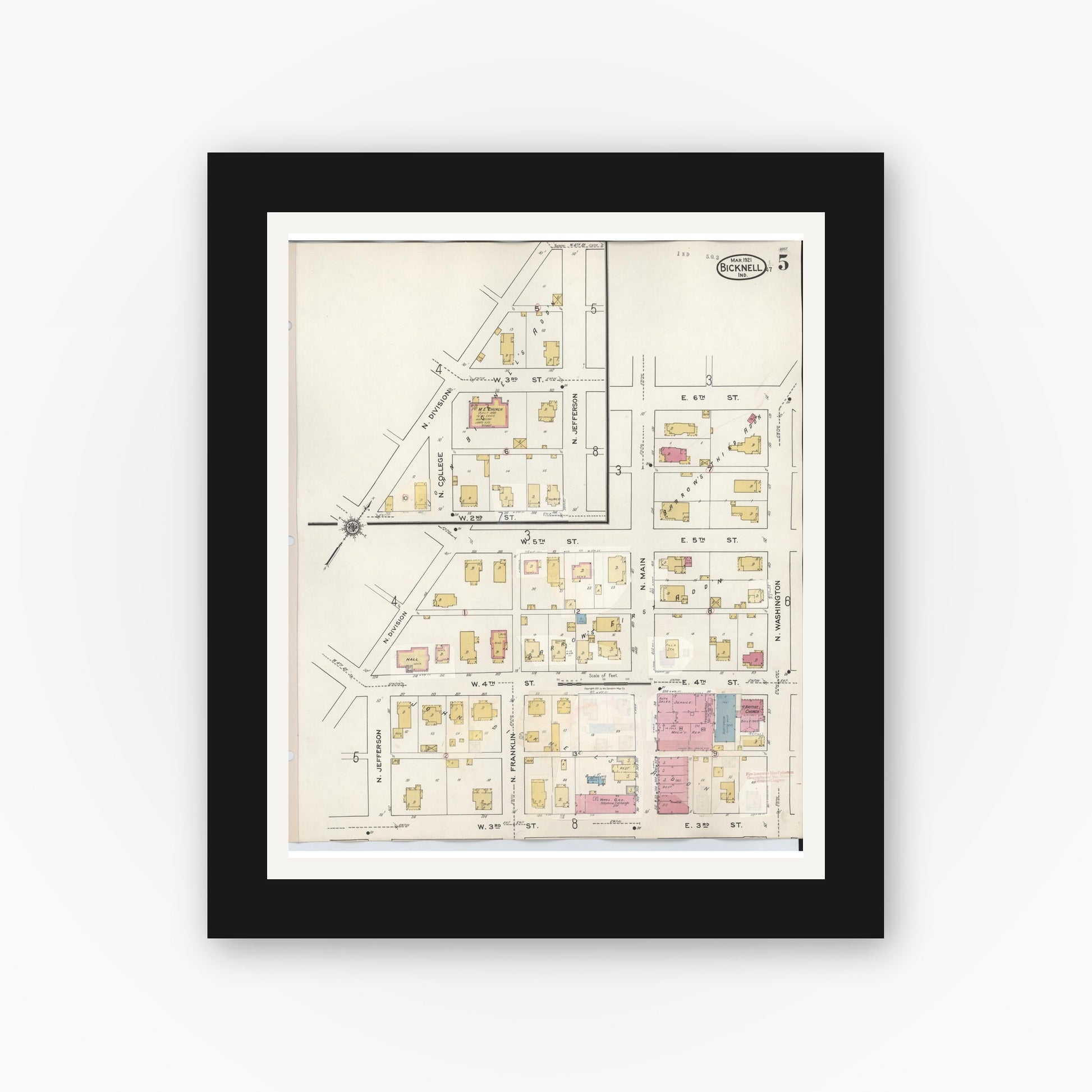 Old map wall art mockup — black gallery frame with white mat — Sanborn Fire Insurance Map from Bicknell, Knox County, Indiana (1946), Sheet #0005