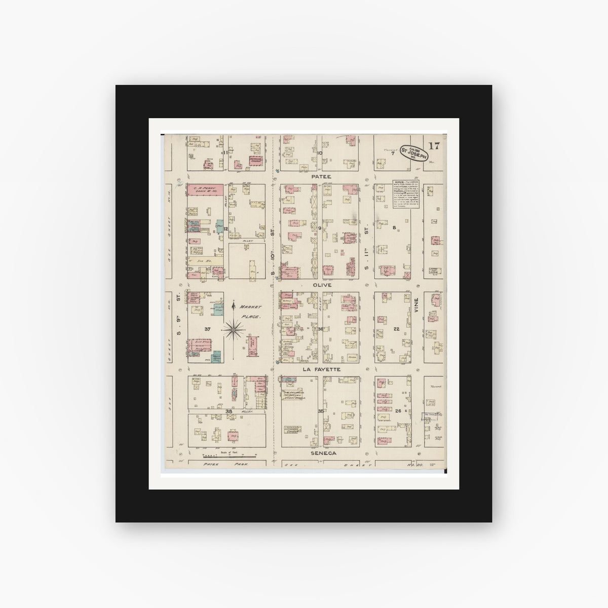 Old map wall art mockup — black gallery frame with white mat — Sanborn Fire Insurance Map from Saint Joseph, Buchanan County, Missouri (1883), Sheet #0017