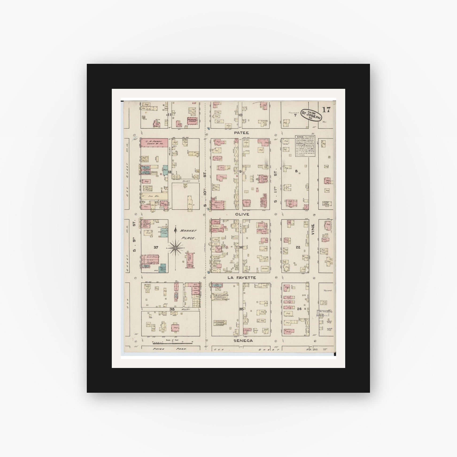 Old map wall art mockup — black gallery frame with white mat — Sanborn Fire Insurance Map from Saint Joseph, Buchanan County, Missouri (1883), Sheet #0017