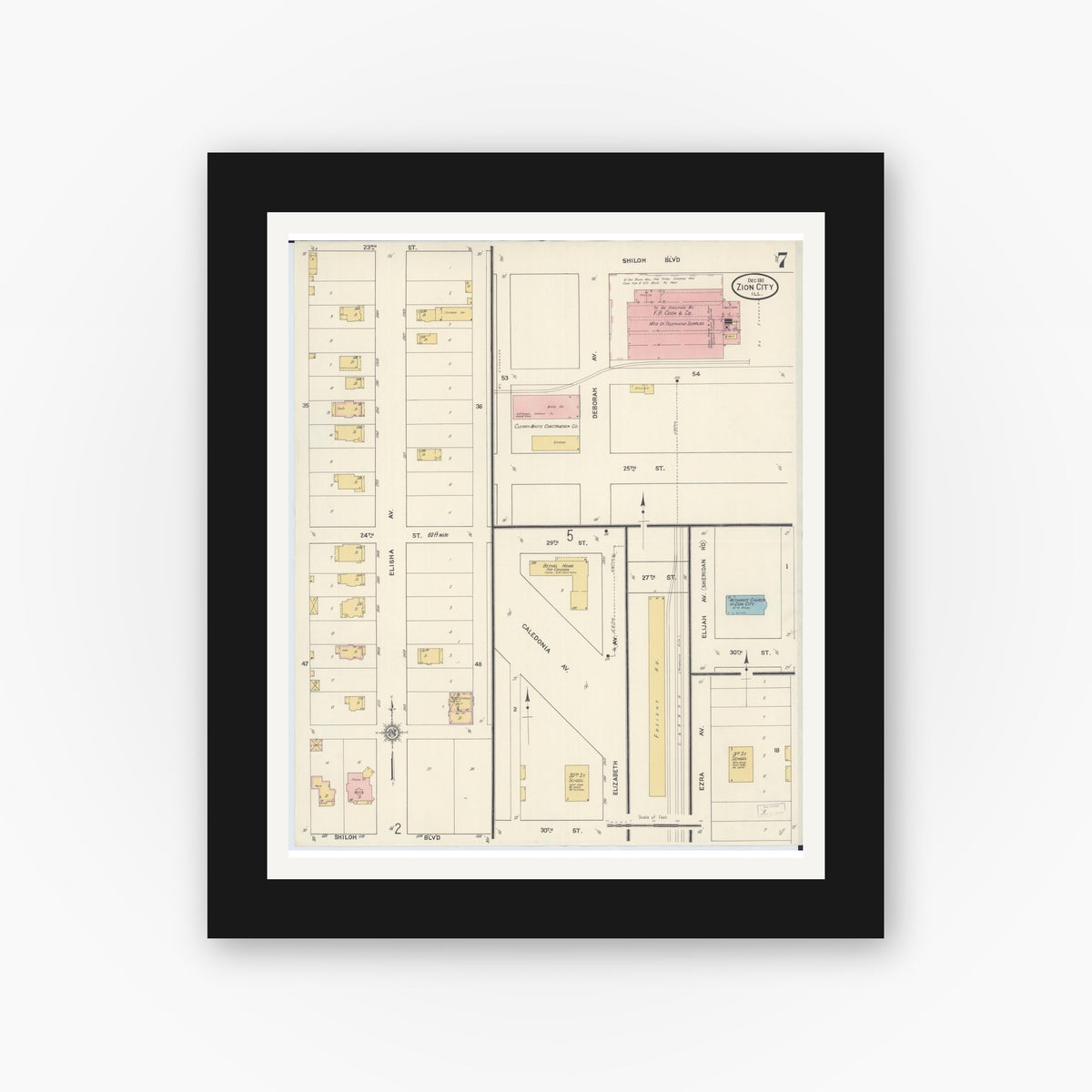 Old map wall art mockup — black gallery frame with white mat — Sanborn Fire Insurance Map from Zion, Lake County, Illinois (1911), Sheet #0007