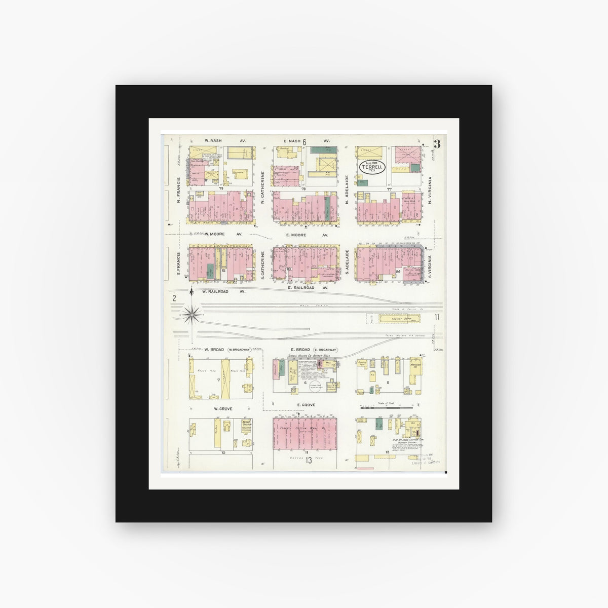 Old map wall art mockup — black gallery frame with white mat — Sanborn Fire Insurance Map from Terrell, Kaufman County, Texas (1909), Sheet #0003