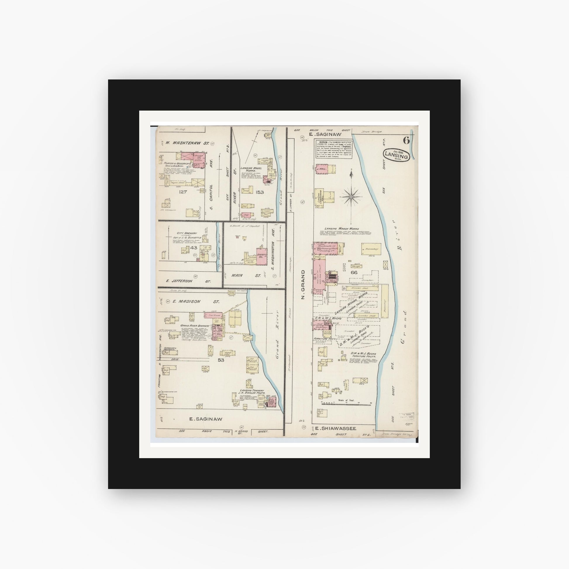 Old map wall art mockup — black gallery frame with white mat — Sanborn Fire Insurance Map from Lansing, Ingham County, Michigan (1885), Sheet #0006
