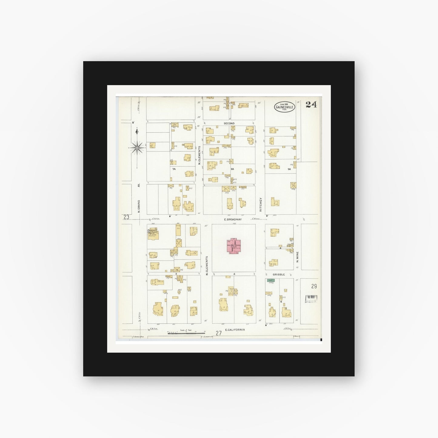 Old map wall art mockup — black gallery frame with white mat — Sanborn Fire Insurance Map from Gainesville, Cooke County, Texas (1908), Sheet #0024