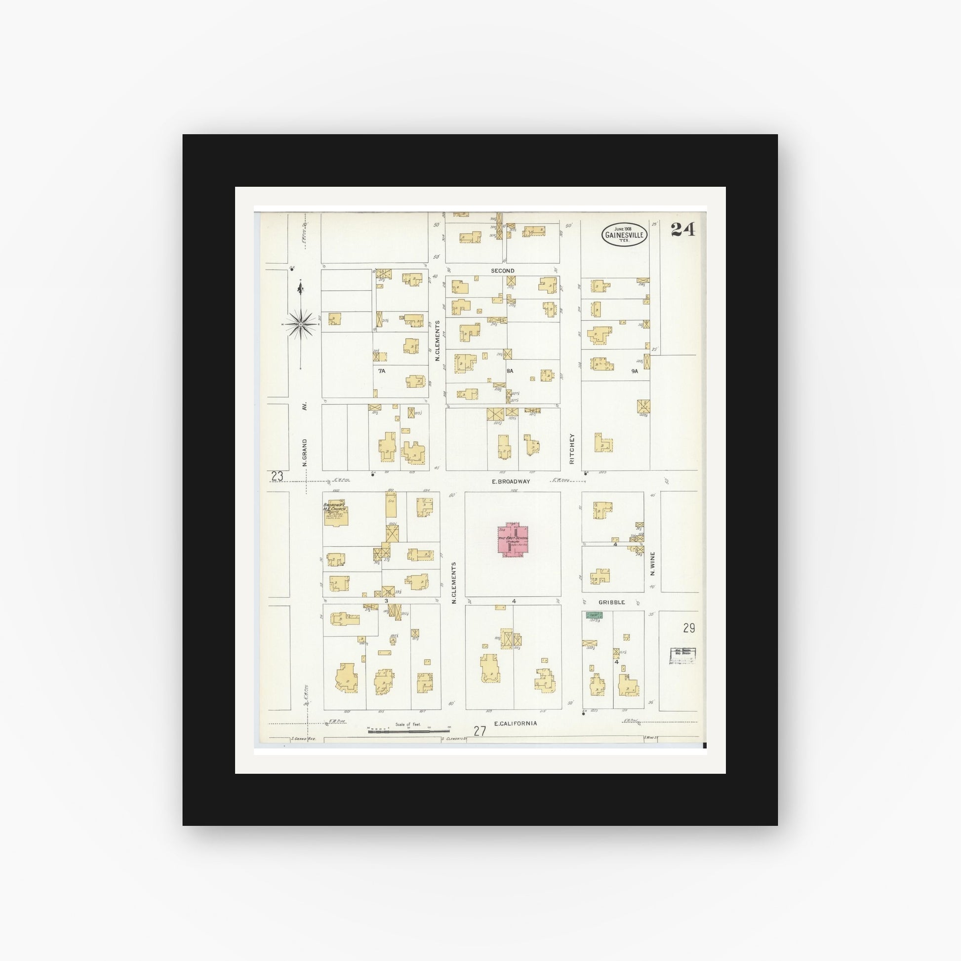 Old map wall art mockup — black gallery frame with white mat — Sanborn Fire Insurance Map from Gainesville, Cooke County, Texas (1908), Sheet #0024