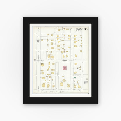Old map wall art mockup — black gallery frame with white mat — Sanborn Fire Insurance Map from Gainesville, Cooke County, Texas (1908), Sheet #0024