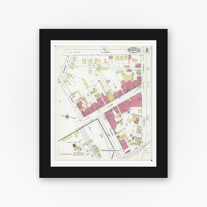 Old map wall art mockup — black gallery frame with white mat — Sanborn Fire Insurance Map from Edwardsville, Madison County, Illinois (1921), Sheet #0009