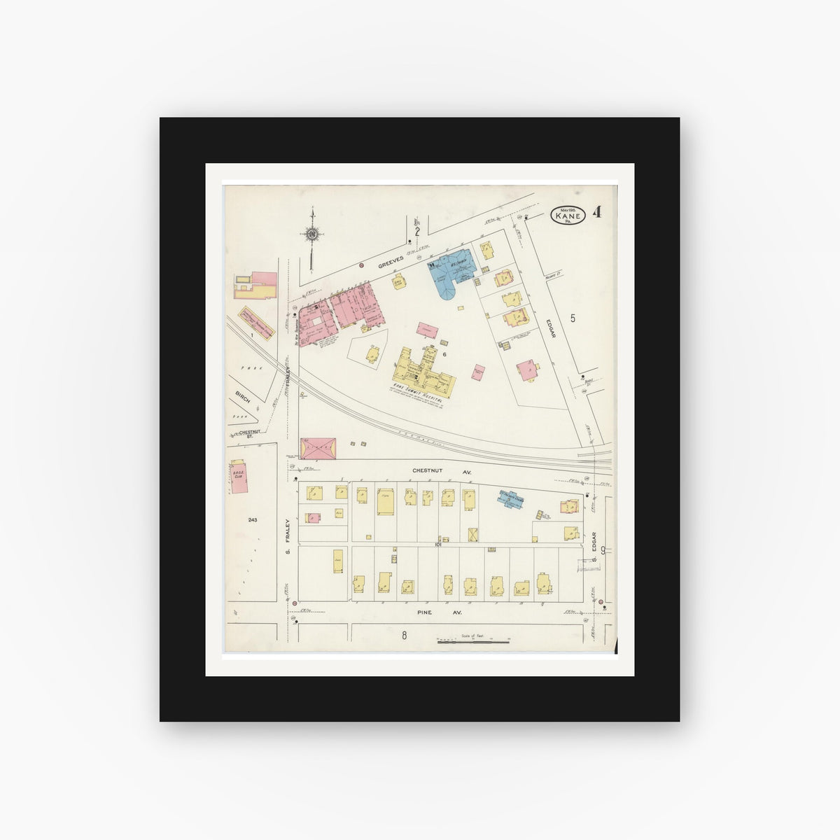 Old map wall art mockup — black gallery frame with white mat — Sanborn Fire Insurance Map from Kane, McKean County, Pennsylvania (1915), Sheet #0004