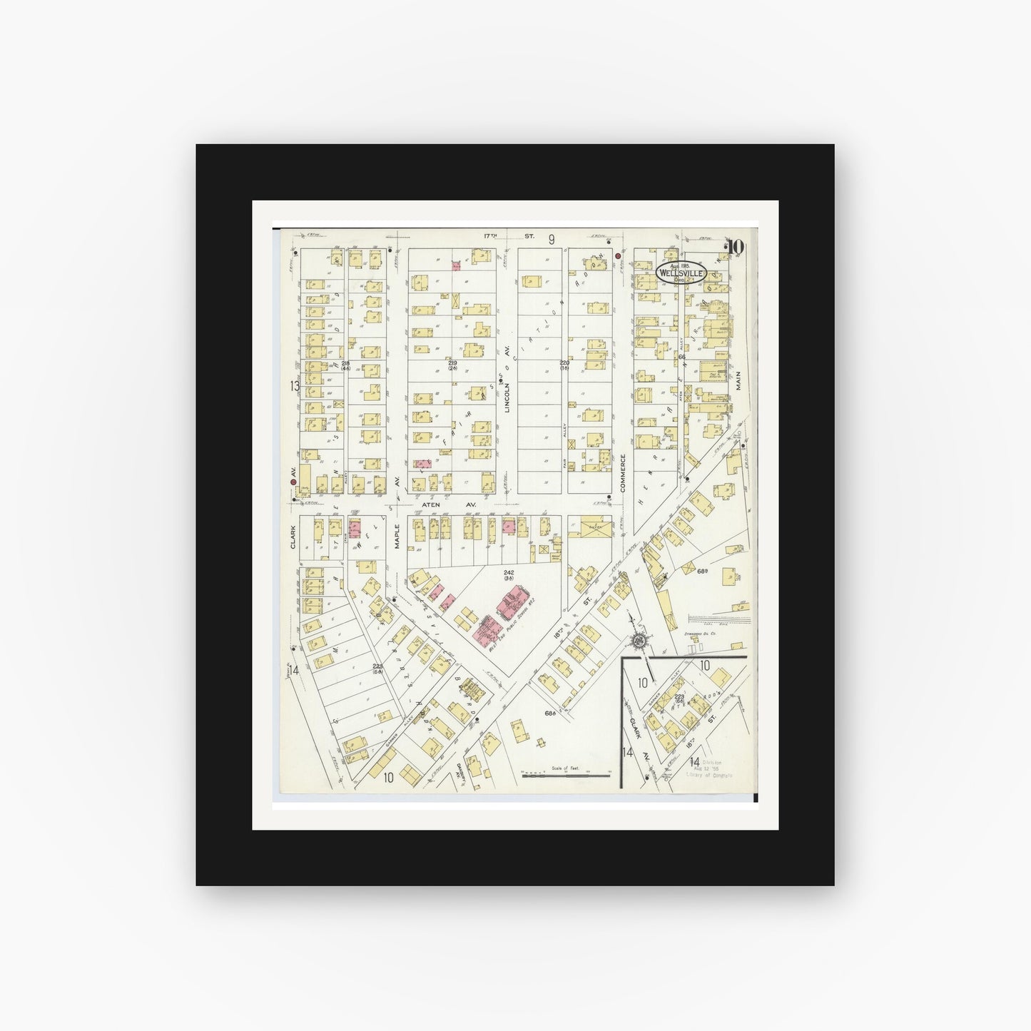 Old map wall art mockup — black gallery frame with white mat — Sanborn Fire Insurance Map from Wellsville, Columbiana County, Ohio (1915), Sheet #0010
