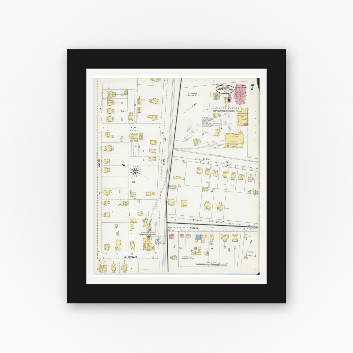 Old map wall art mockup — black gallery frame with white mat — Sanborn Fire Insurance Map from Moorestown, Burlington County, New Jersey (1905), Sheet #0007