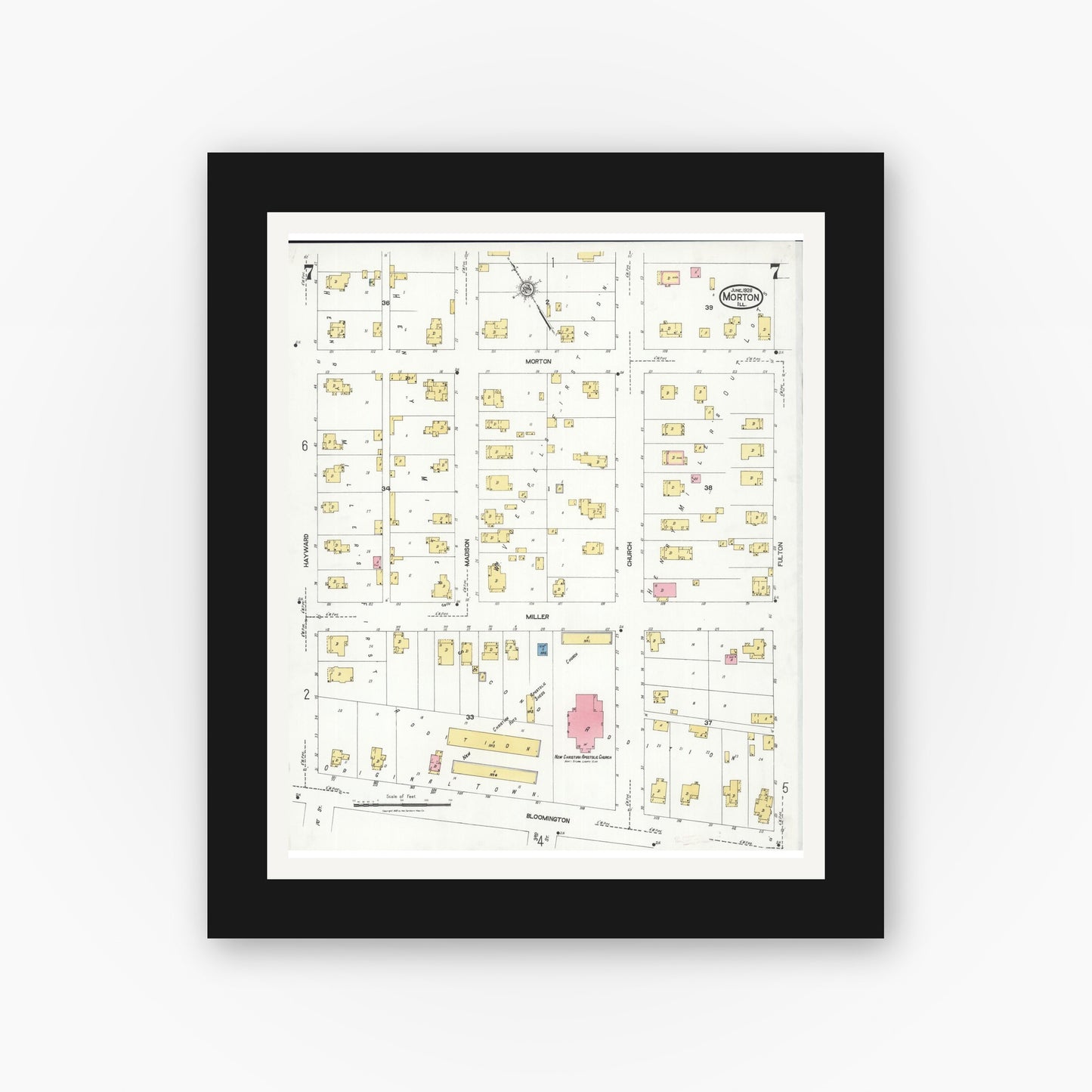Old map wall art mockup — black gallery frame with white mat — Sanborn Fire Insurance Map from Morton, Tazewell County, Illinois (1926), Sheet #0007