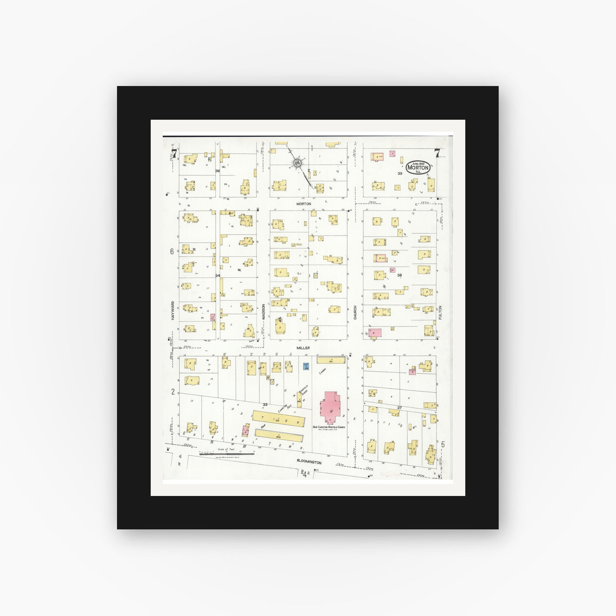 Old map wall art mockup — black gallery frame with white mat — Sanborn Fire Insurance Map from Morton, Tazewell County, Illinois (1926), Sheet #0007
