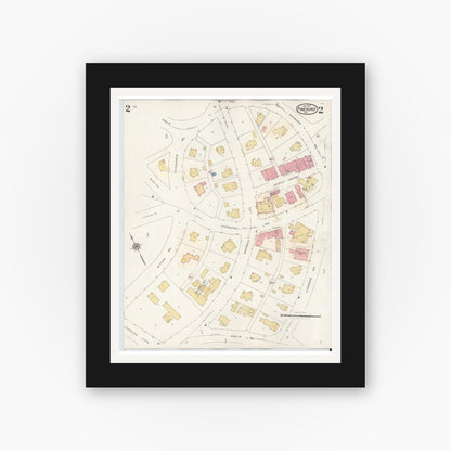 Old map wall art mockup — black gallery frame with white mat — Sanborn Fire Insurance Map from Pinehurst, Moore County, North Carolina (1939), Sheet #0002