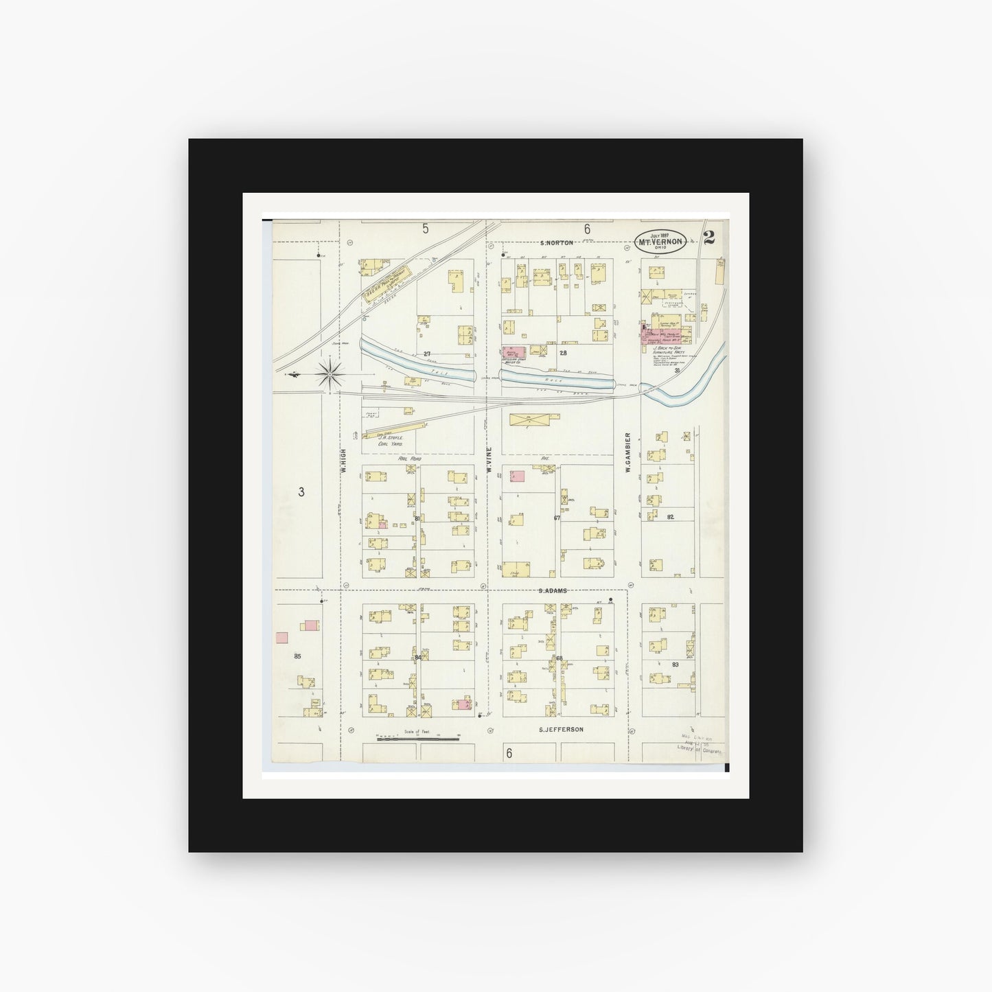 Old map wall art mockup — black gallery frame with white mat — Sanborn Fire Insurance Map from Mount Vernon, Knox County, Ohio (1897), Sheet #0002