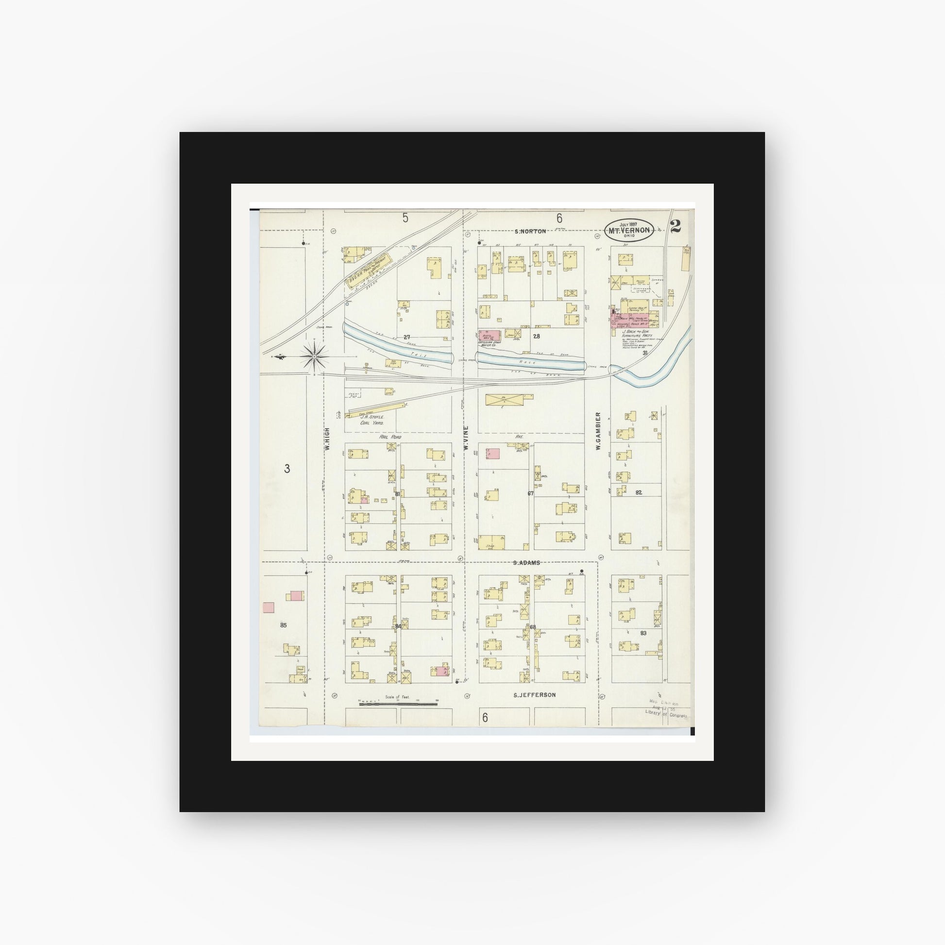 Old map wall art mockup — black gallery frame with white mat — Sanborn Fire Insurance Map from Mount Vernon, Knox County, Ohio (1897), Sheet #0002