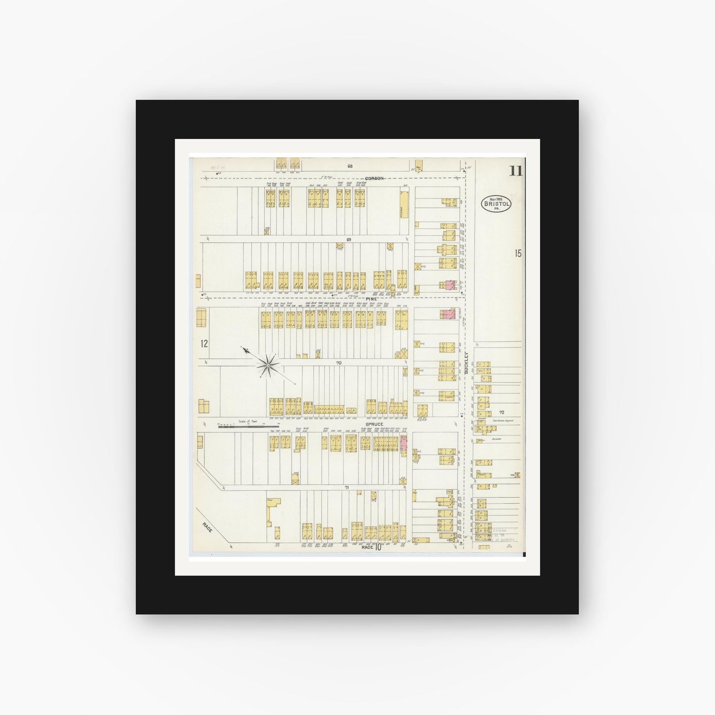 Old map wall art mockup — black gallery frame with white mat — Sanborn Fire Insurance Map from Bristol, Bucks County, Pennsylvania (1903), Sheet #0011