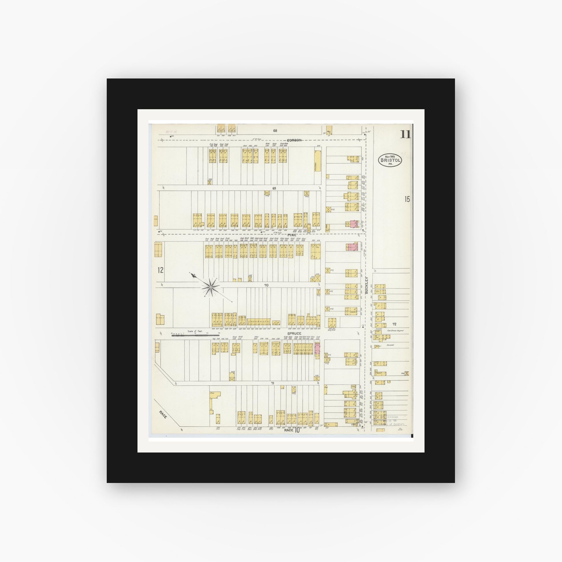 Old map wall art mockup — black gallery frame with white mat — Sanborn Fire Insurance Map from Bristol, Bucks County, Pennsylvania (1903), Sheet #0011