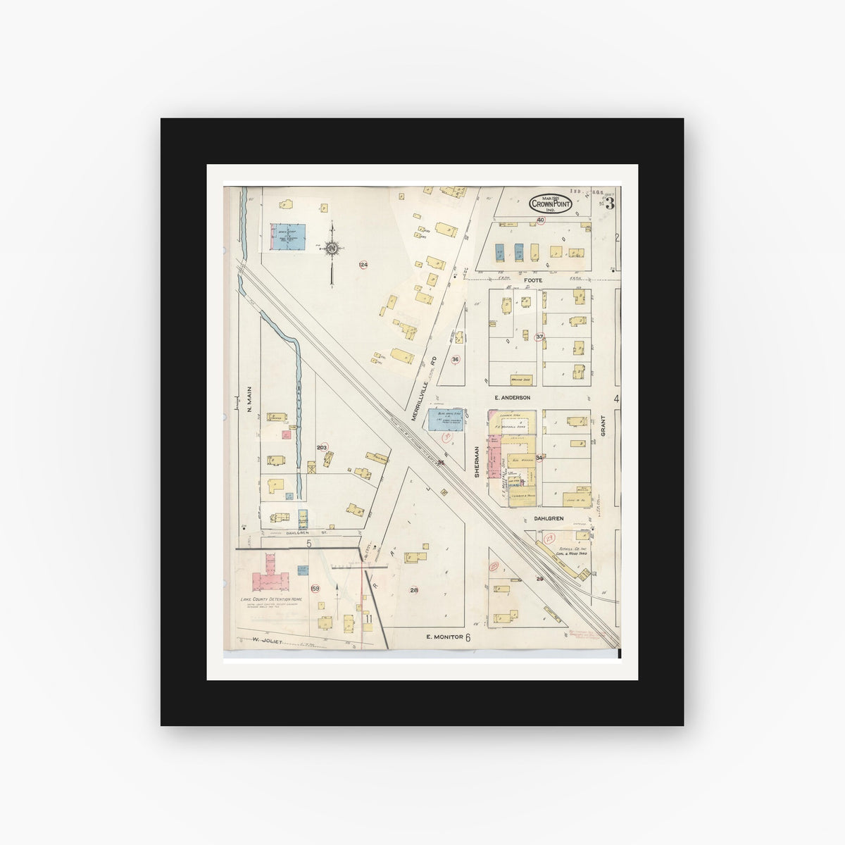 Old map wall art mockup — black gallery frame with white mat — Sanborn Fire Insurance Map from Crown Point, Lake County, Indiana (1948), Sheet #0003