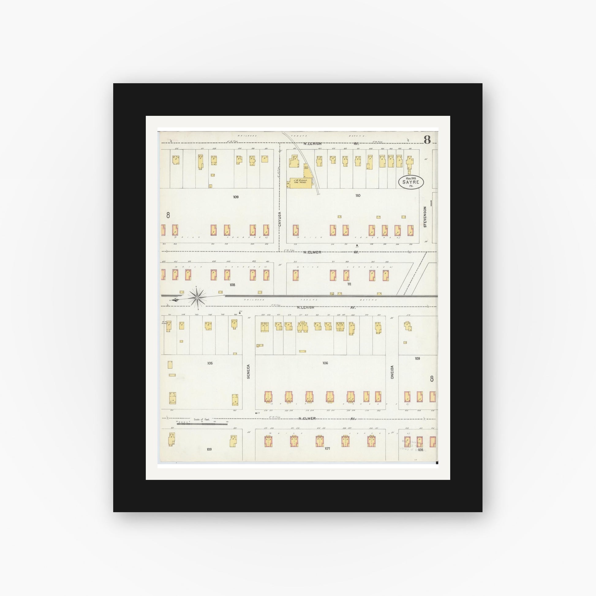 Old map wall art mockup — black gallery frame with white mat — Sanborn Fire Insurance Map from Sayre, Bradford County, Pennsylvania (1903), Sheet #0008
