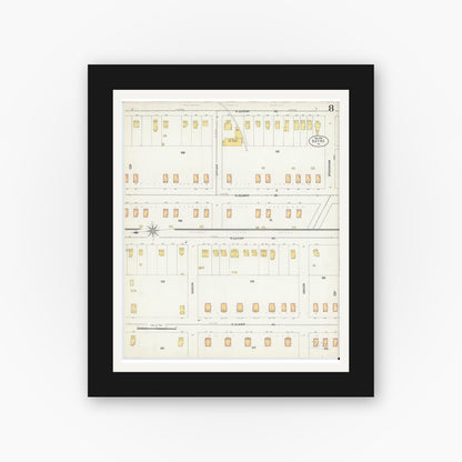 Old map wall art mockup — black gallery frame with white mat — Sanborn Fire Insurance Map from Sayre, Bradford County, Pennsylvania (1903), Sheet #0008