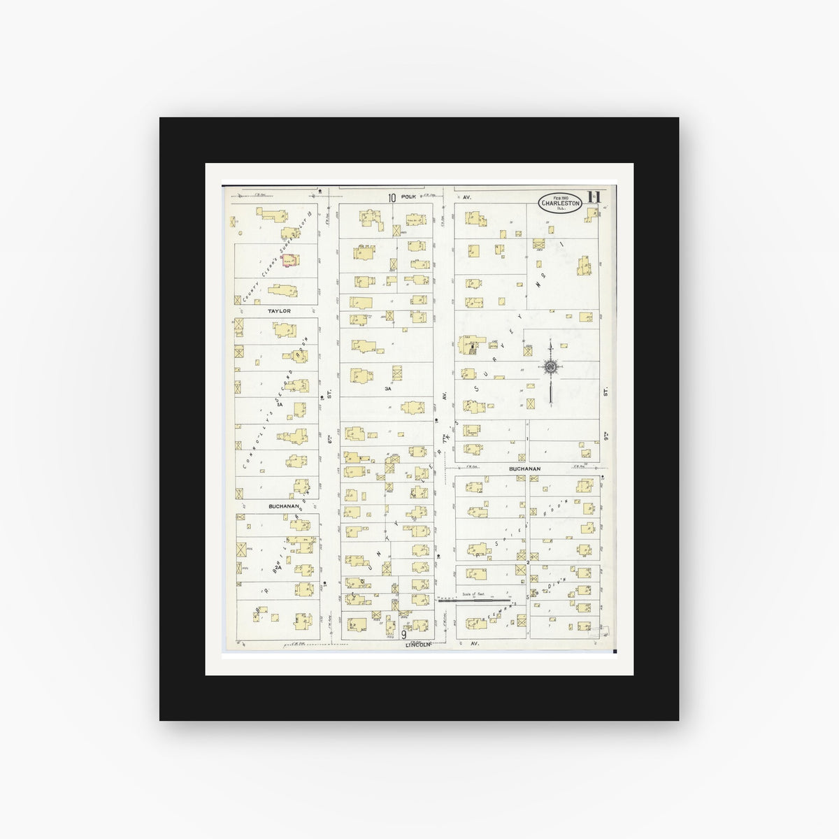 Old map wall art mockup — black gallery frame with white mat — Sanborn Fire Insurance Map from Charleston, Coles County, Illinois (1910), Sheet #0011