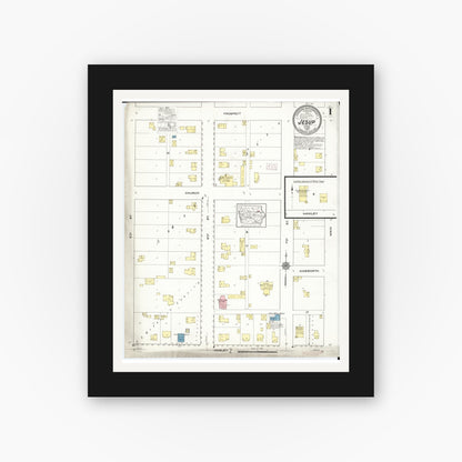 Old map wall art mockup — black gallery frame with white mat — Sanborn Fire Insurance Map from Jesup, Buchanan County, Iowa (1915) â€” Complete Set
