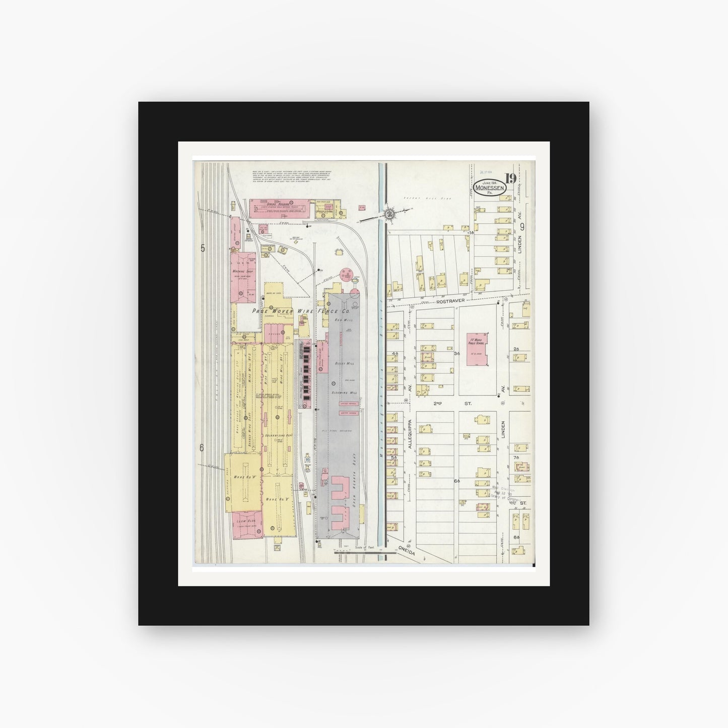 Old map wall art mockup — black gallery frame with white mat — Sanborn Fire Insurance Map from Monessen, Westmoreland County, Pennsylvania (1914), Sheet #0019
