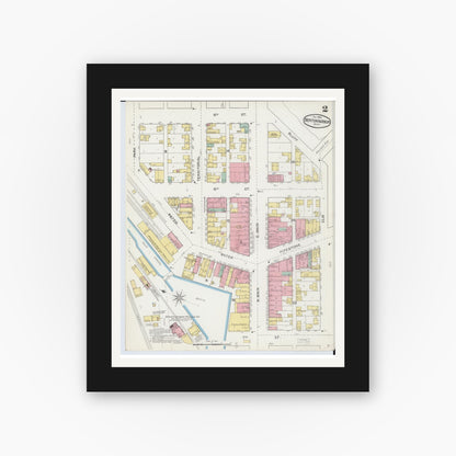 Old map wall art mockup — black gallery frame with white mat — Sanborn Fire Insurance Map from Benton Harbor, Berrien County, Michigan (1892), Sheet #0002