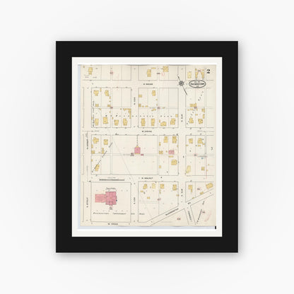 Old map wall art mockup — black gallery frame with white mat — Sanborn Fire Insurance Map from Brownstown, Jackson County, Indiana (1933), Sheet #0002