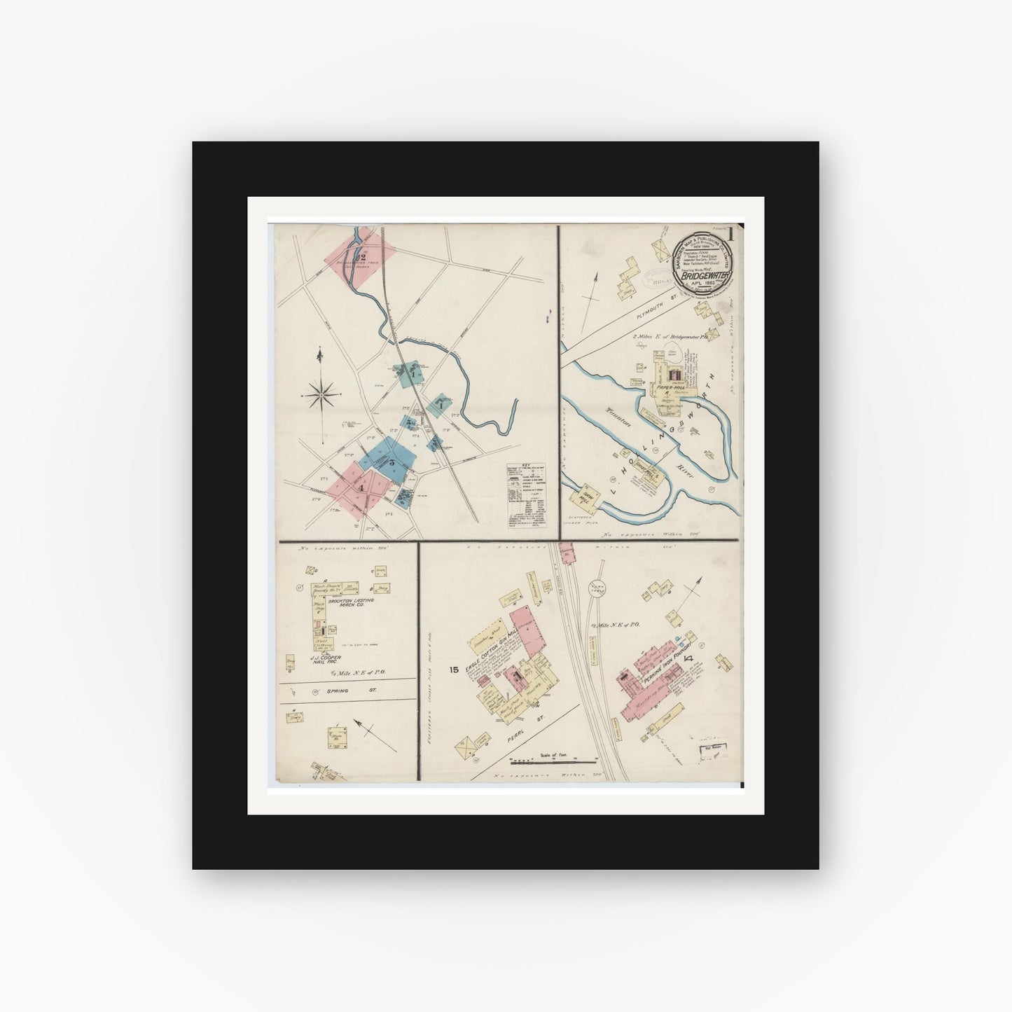 Old map wall art mockup — black gallery frame with white mat — Sanborn Fire Insurance Map from Bridgewater, Plymouth County, Massachusetts (1885) - Complete Map Set
