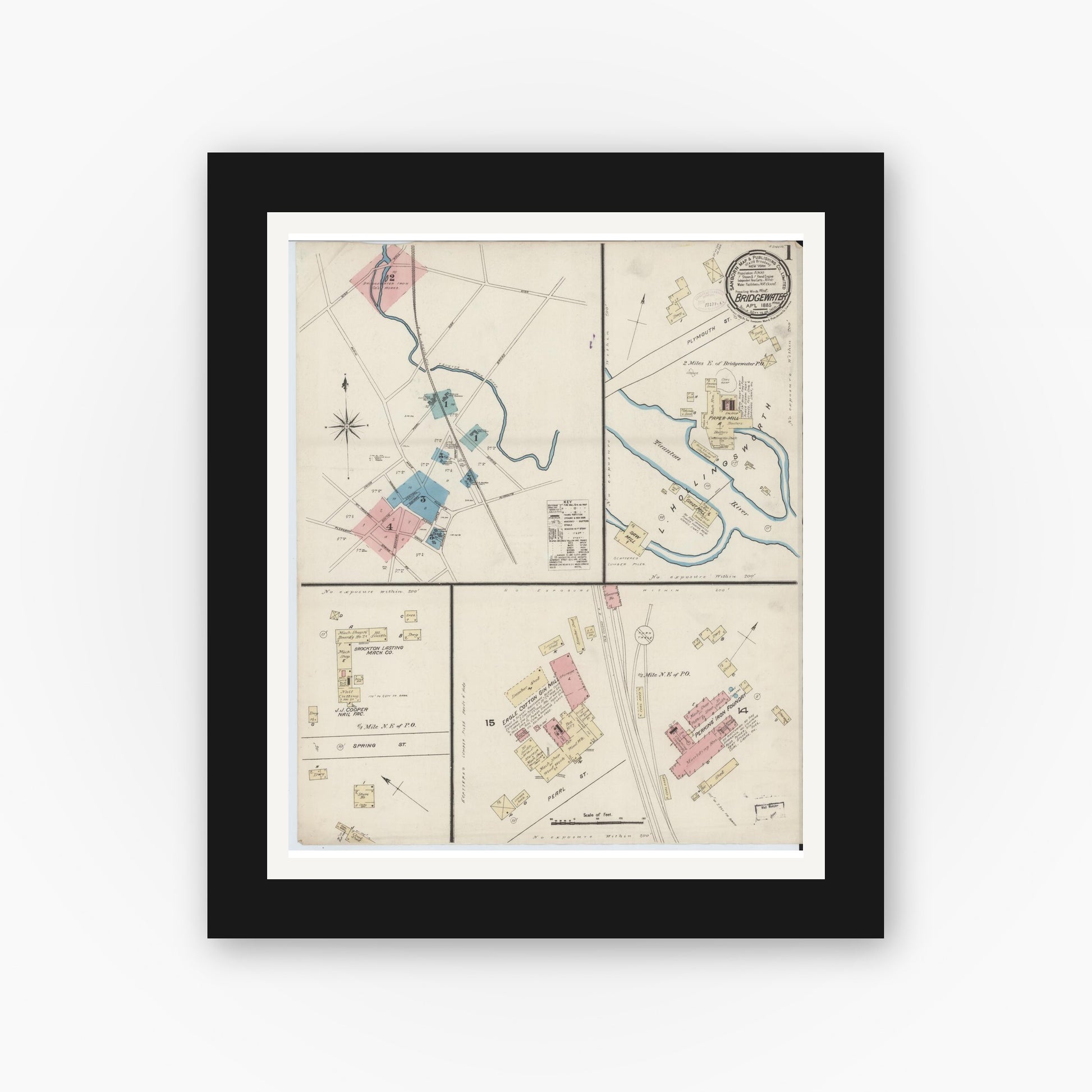 Old map wall art mockup — black gallery frame with white mat — Sanborn Fire Insurance Map from Bridgewater, Plymouth County, Massachusetts (1885) - Complete Map Set
