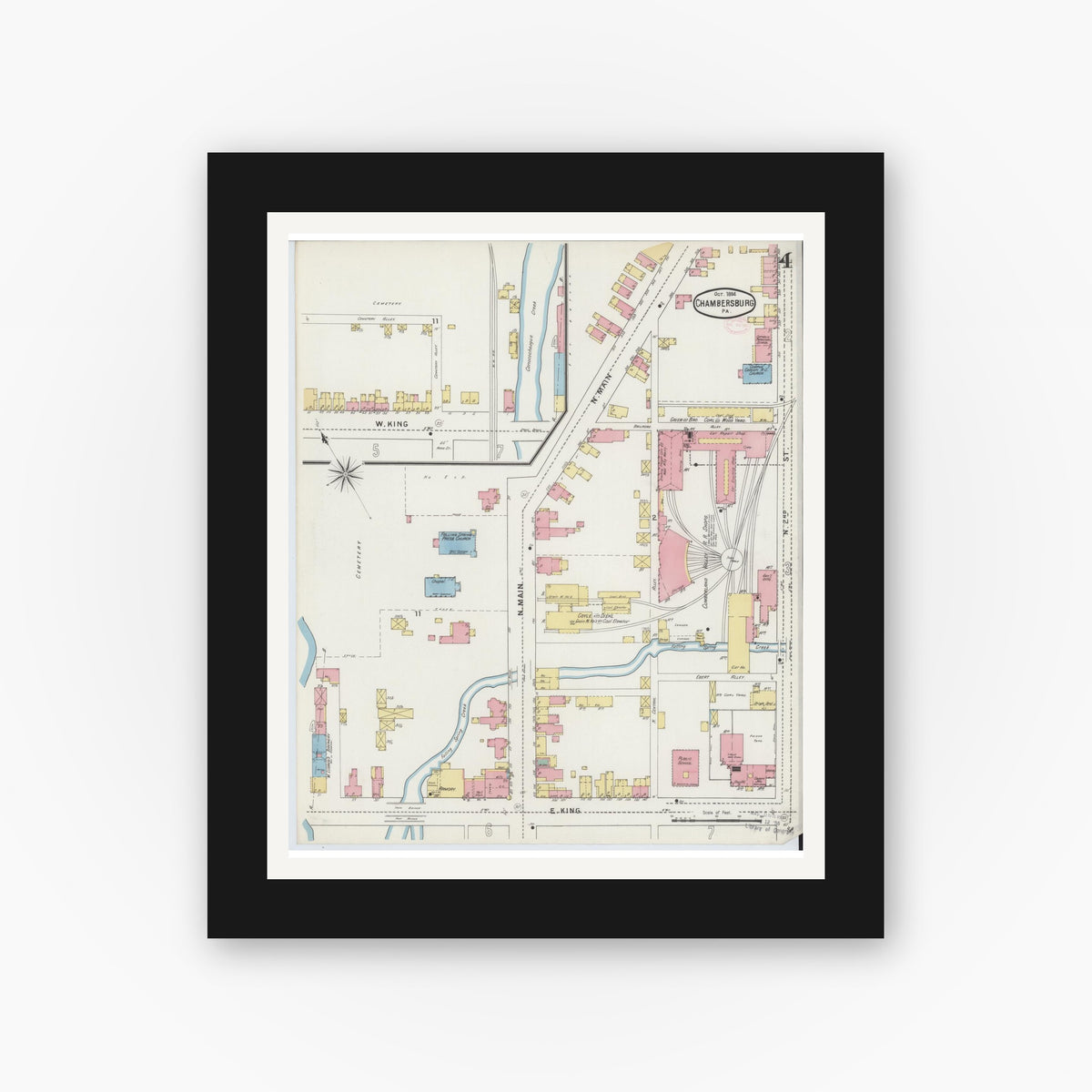 Old map wall art mockup — black gallery frame with white mat — Sanborn Fire Insurance Map from Chambersburg, Franklin County, Pennsylvania (1894), Sheet #0004