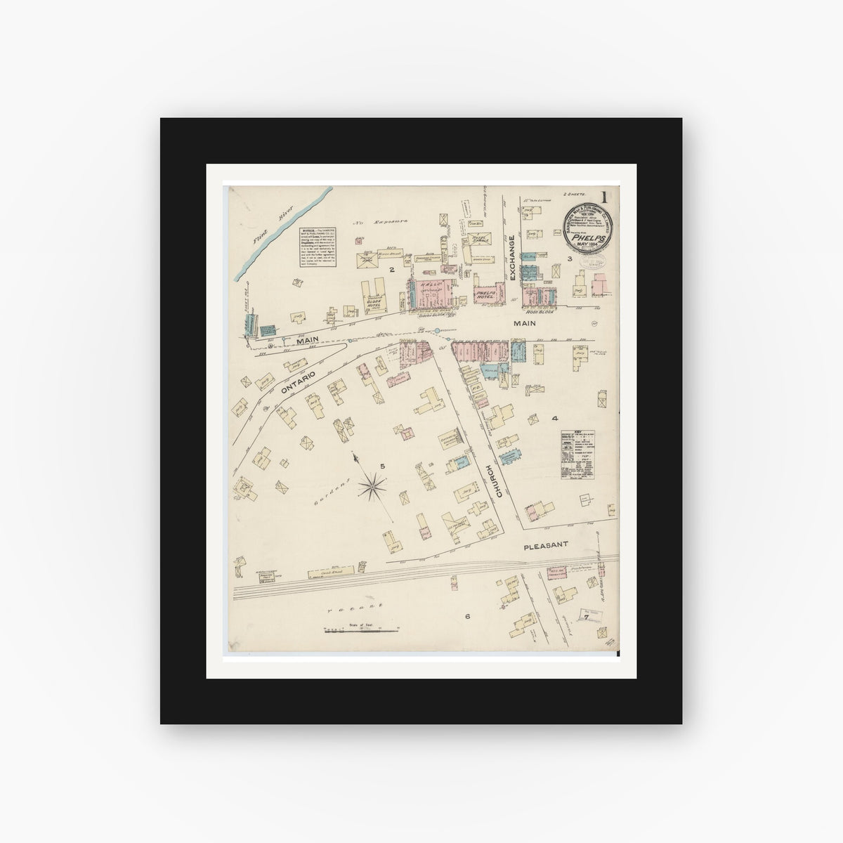 Old map wall art mockup — black gallery frame with white mat — Sanborn Fire Insurance Map from Phelps, Ontario County, New York (1884) - Complete Map Set
