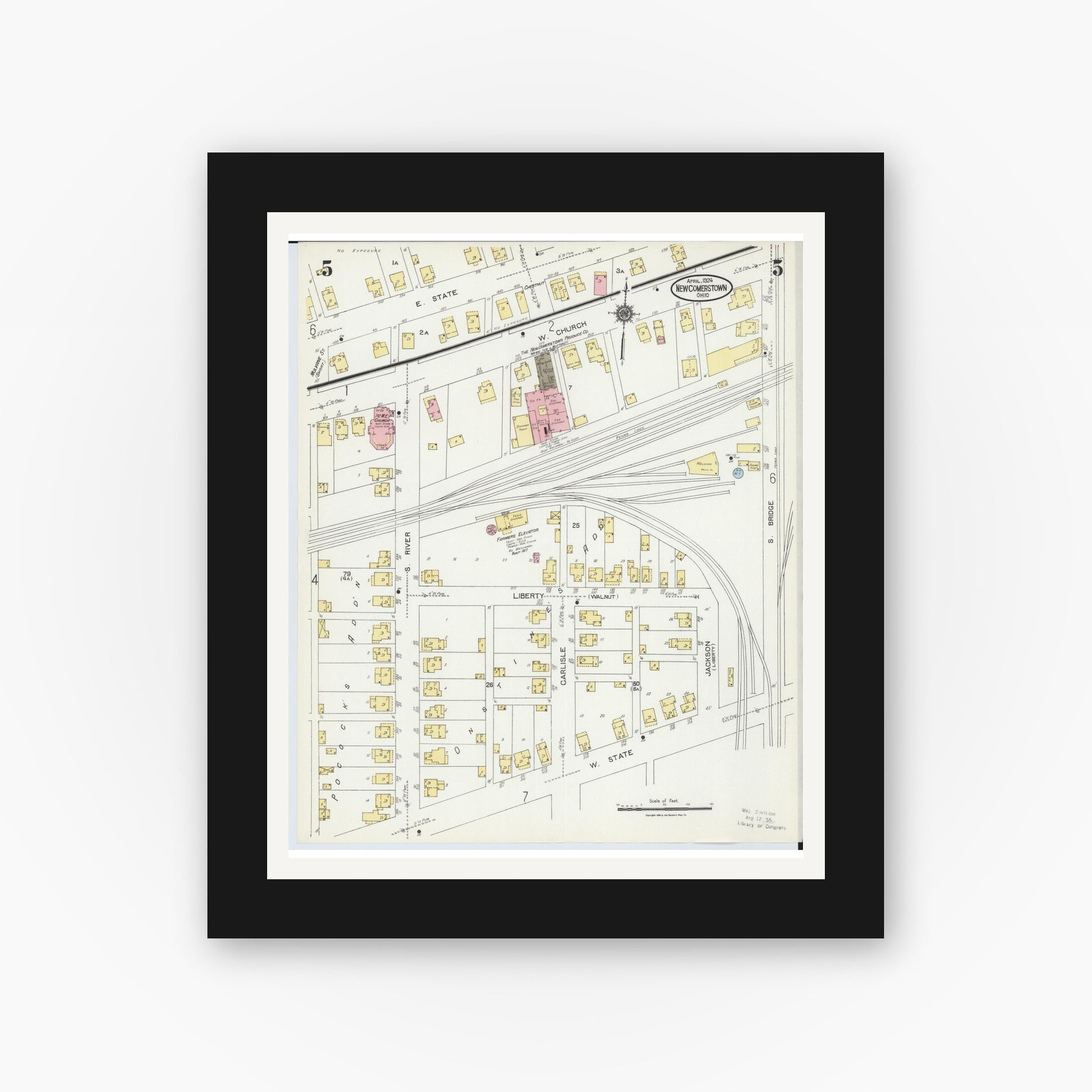 Old map wall art mockup — black gallery frame with white mat — Sanborn Fire Insurance Map from Newcomerstown, Tuscarawas County, Ohio (1924), Sheet #0005