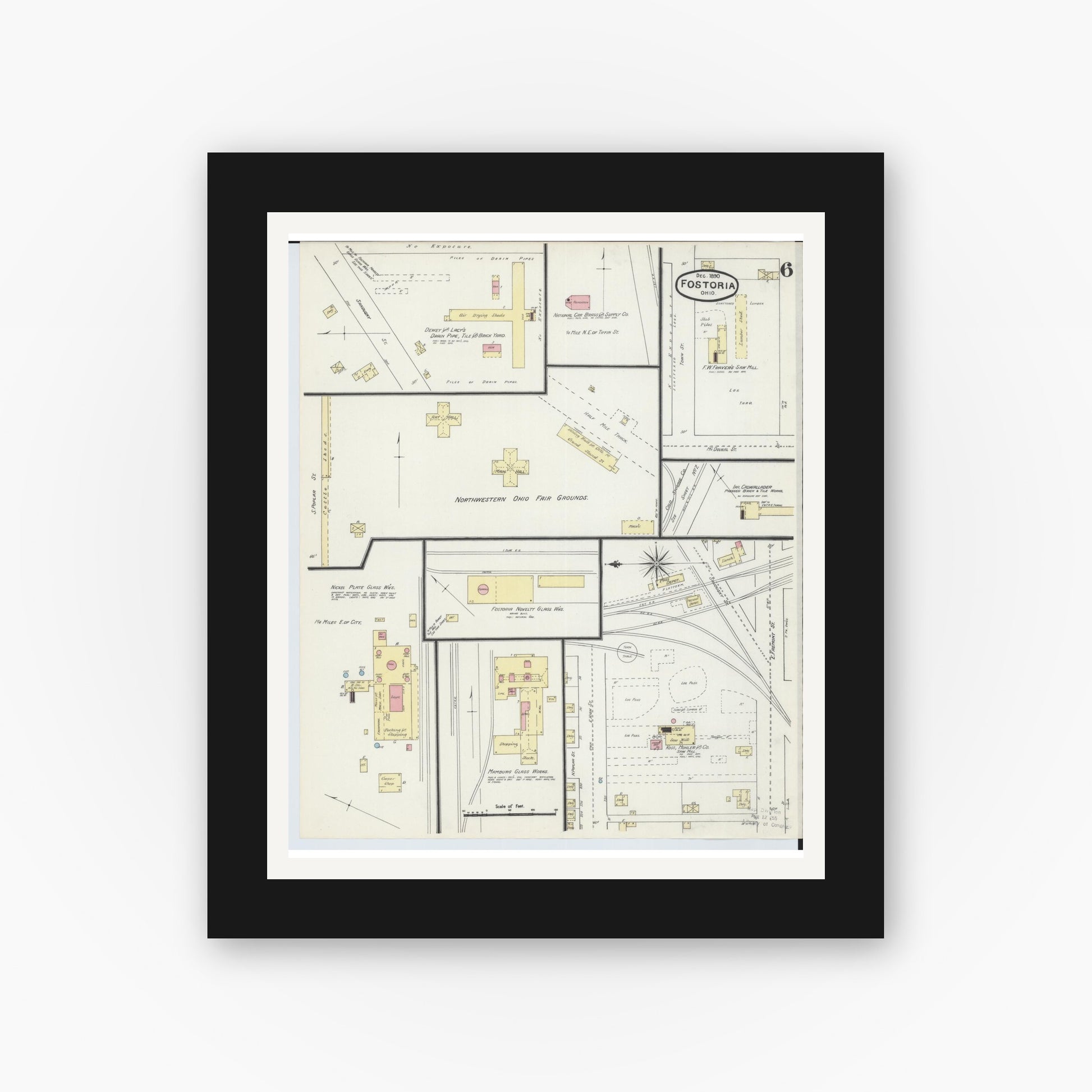 Old map wall art mockup — black gallery frame with white mat — Sanborn Fire Insurance Map from Fostoria, Seneca, Hancock, And Wood Counties, Ohio (1891), Sheet #0006