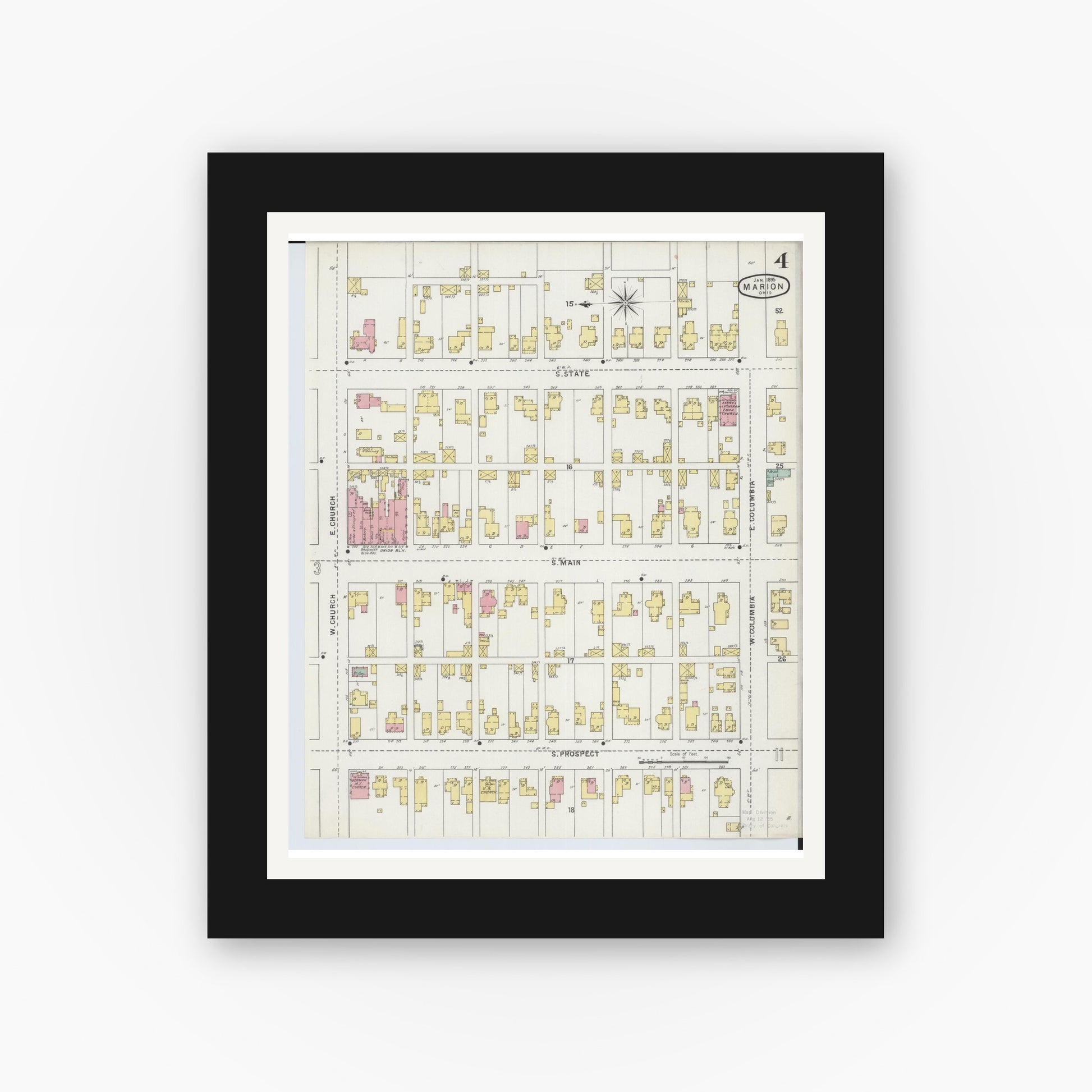 Old map wall art mockup — black gallery frame with white mat — Sanborn Fire Insurance Map from Marion, Marion County, Ohio (1895), Sheet #0004