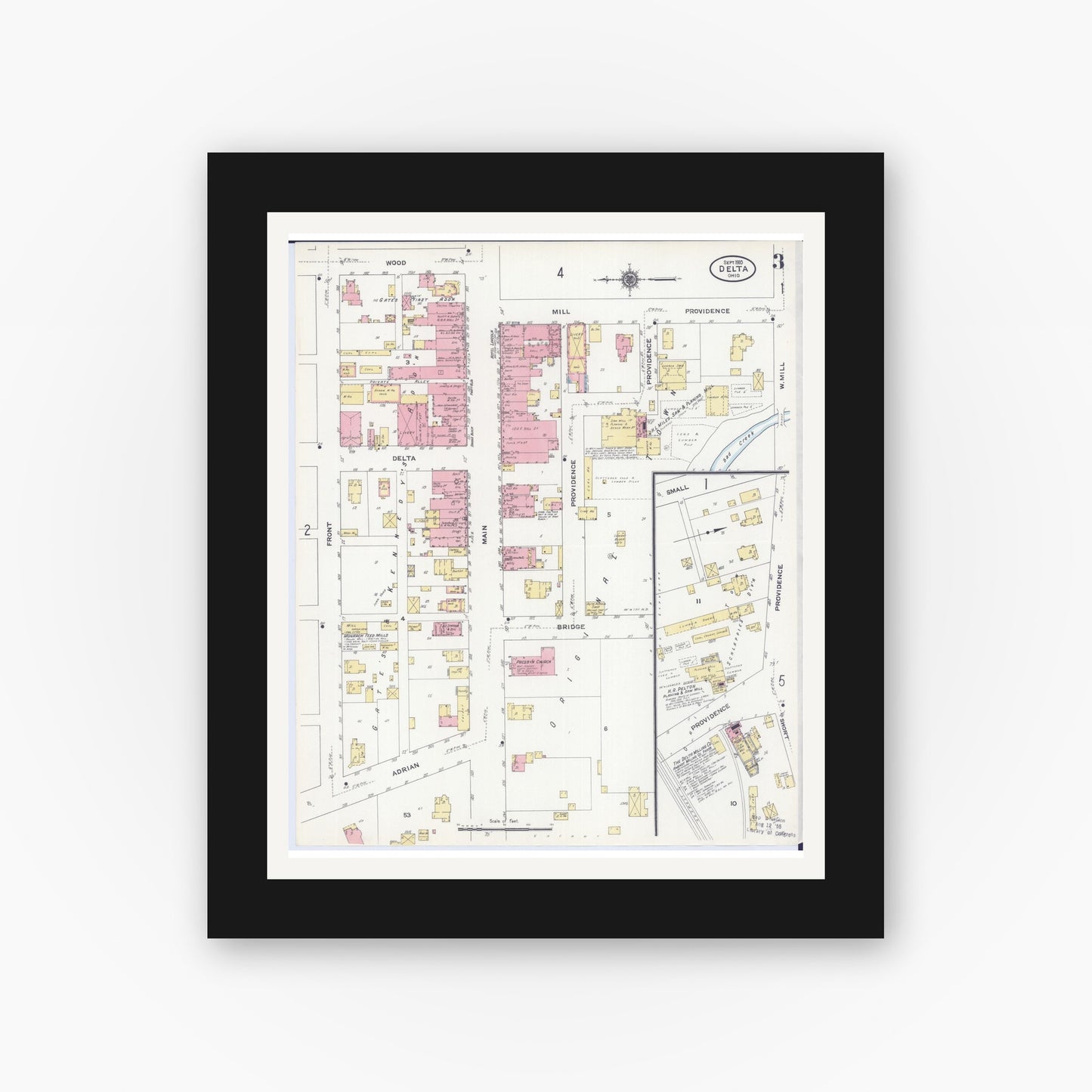 Old map wall art mockup — black gallery frame with white mat — Sanborn Fire Insurance Map from Delta, Fulton County, Ohio (1910), Sheet #0003