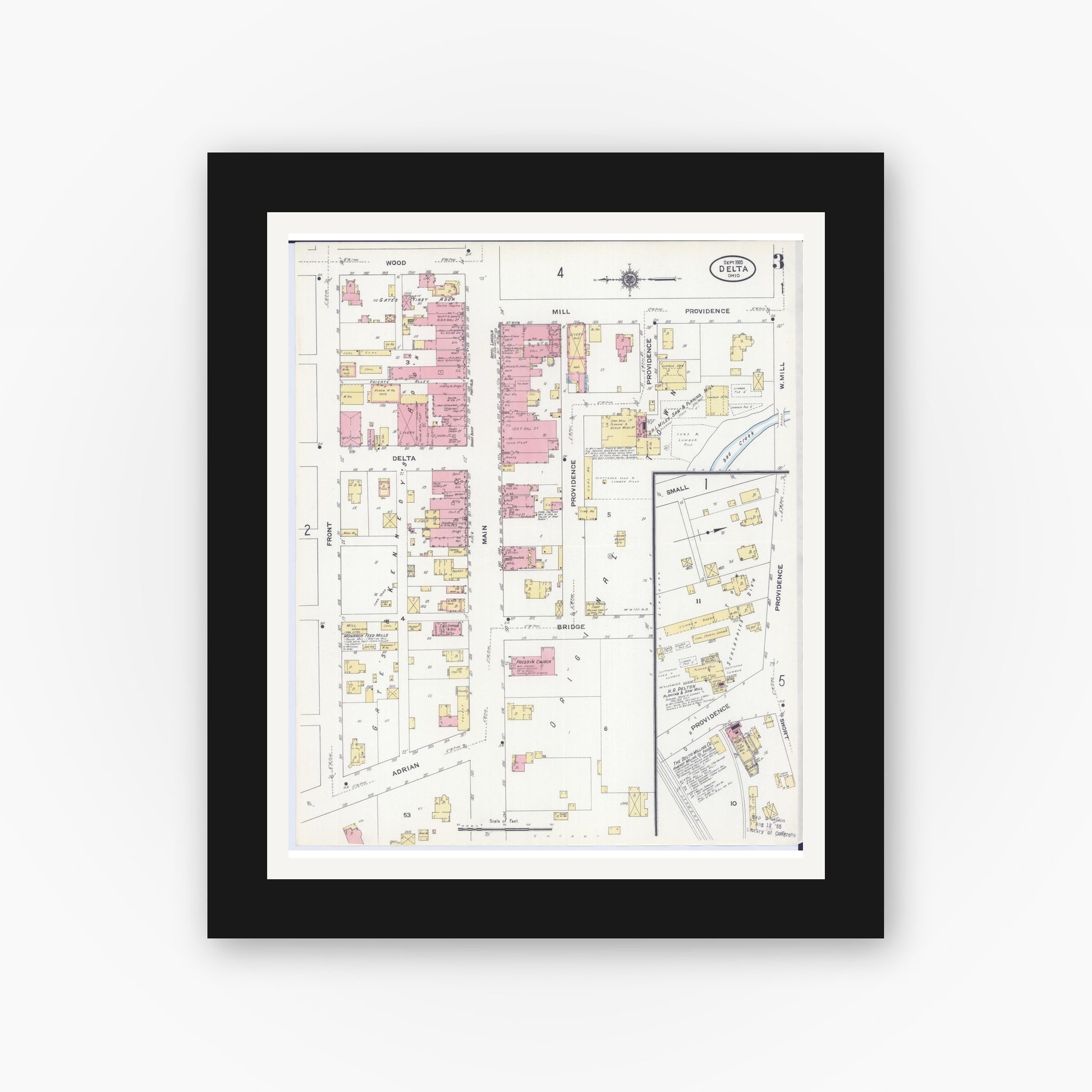 Old map wall art mockup — black gallery frame with white mat — Sanborn Fire Insurance Map from Delta, Fulton County, Ohio (1910), Sheet #0003