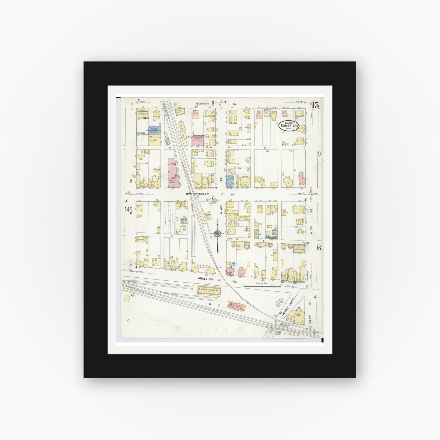 Old map wall art mockup — black gallery frame with white mat — Sanborn Fire Insurance Map from Cambridge, Guernsey County, Ohio (1909), Sheet #0015