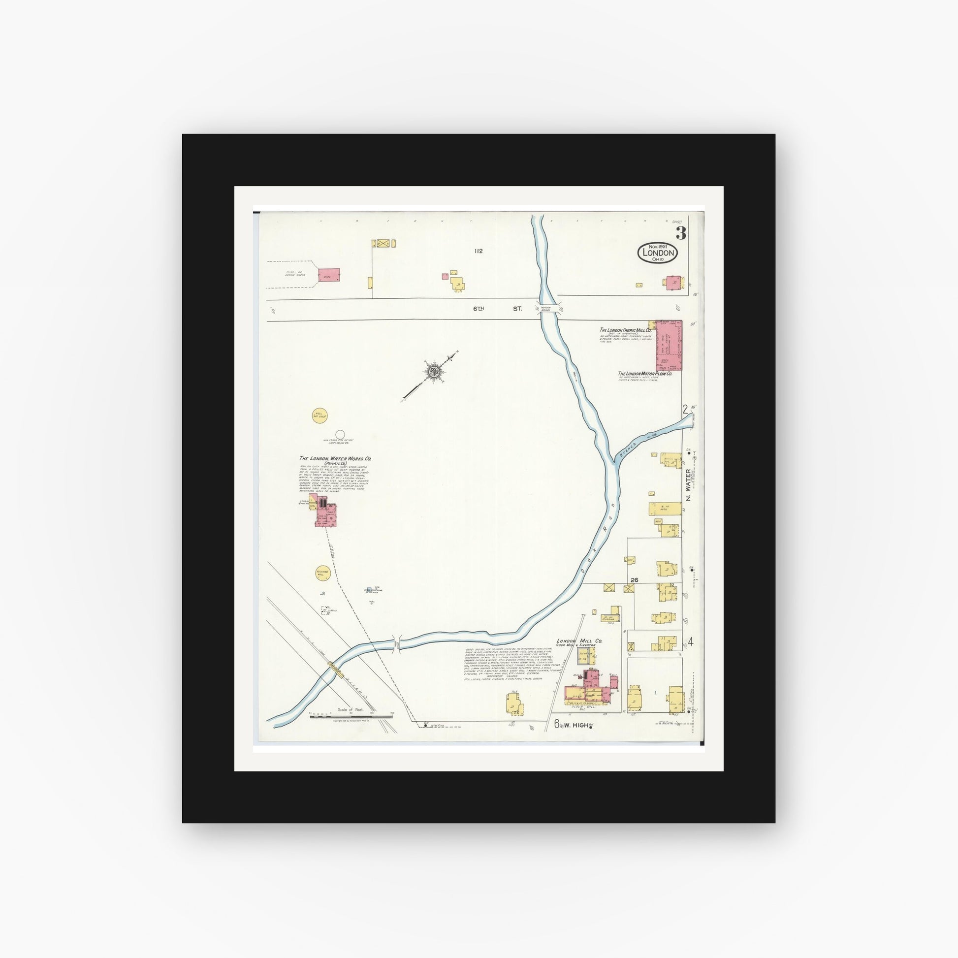Old map wall art mockup — black gallery frame with white mat — Sanborn Fire Insurance Map from London, Madison County, Ohio (1921), Sheet #0003