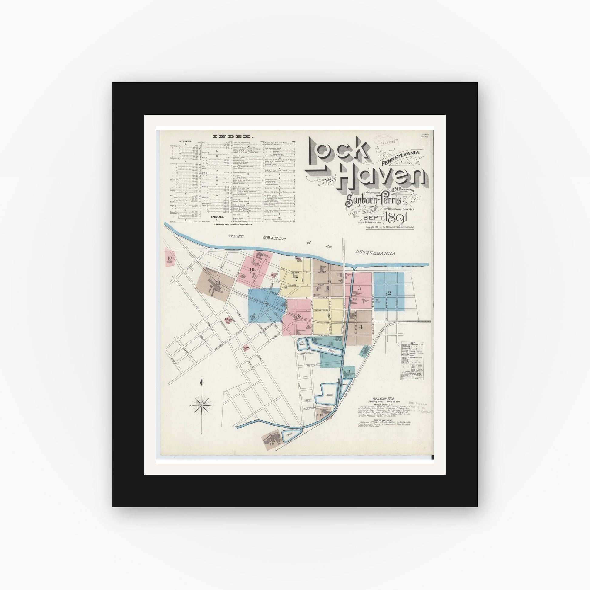 Old map wall art mockup — black gallery frame with white mat — Sanborn Fire Insurance Map from Lock Haven, Clinton County, Pennsylvania (1891) - Complete Map Set