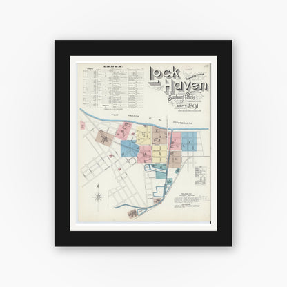 Old map wall art mockup — black gallery frame with white mat — Sanborn Fire Insurance Map from Lock Haven, Clinton County, Pennsylvania (1891) - Complete Map Set