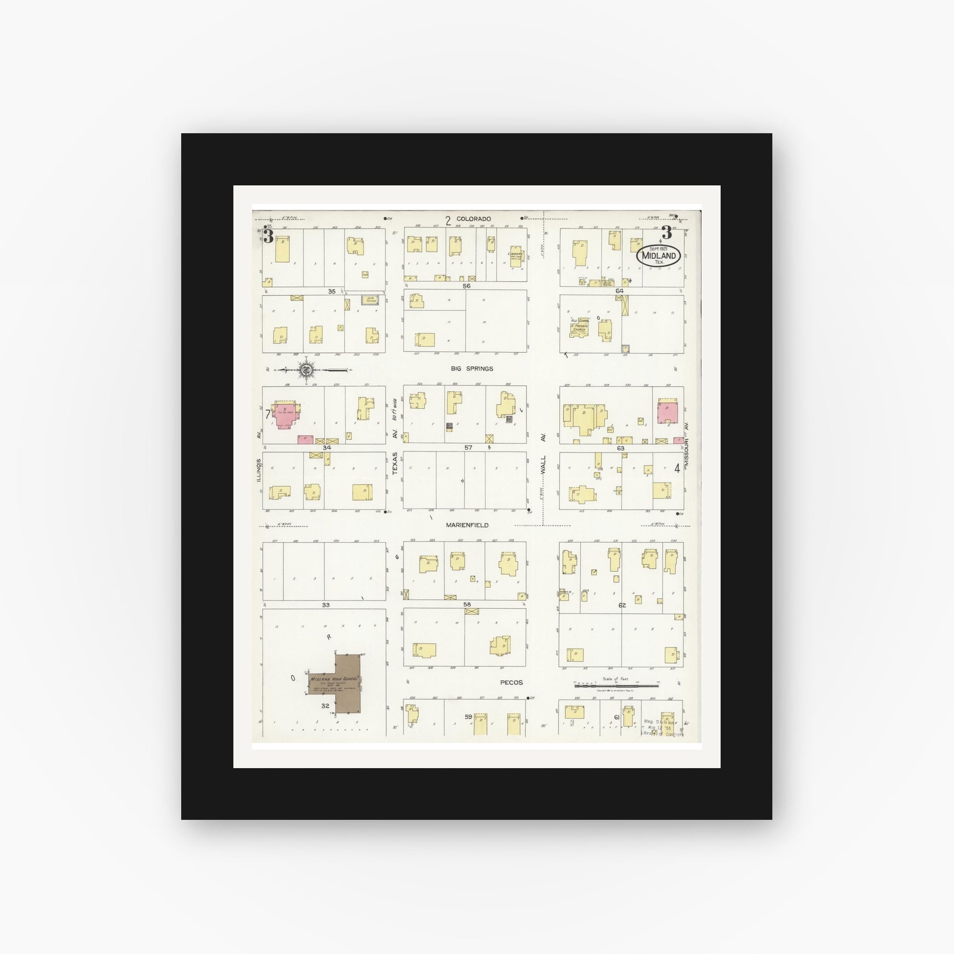 Old map wall art mockup — black gallery frame with white mat — Sanborn Fire Insurance Map from Midland, Midland County, Texas (1925), Sheet #0003