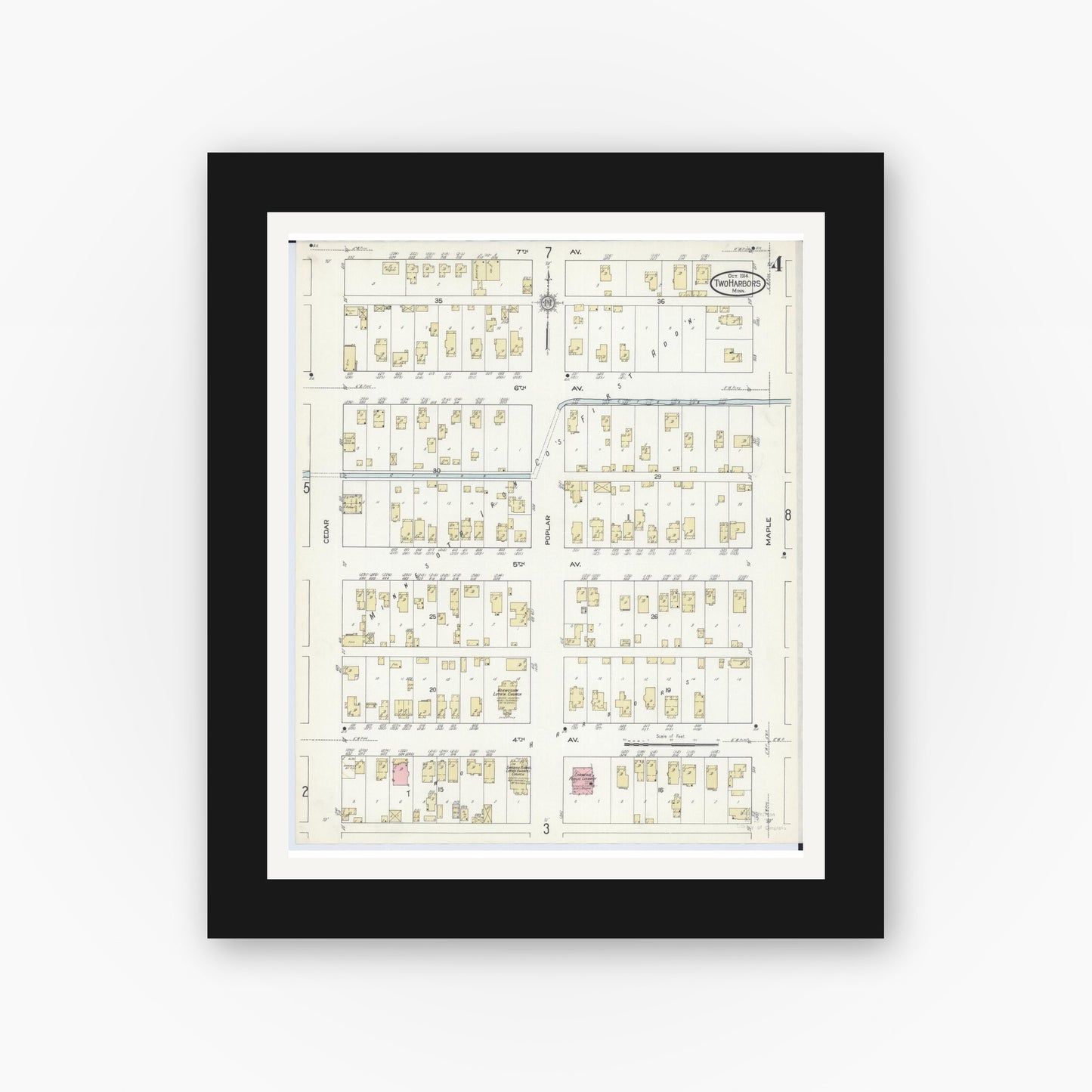 Old map wall art mockup — black gallery frame with white mat — Sanborn Fire Insurance Map from Two Harbors, Lake County, Minnesota (1914), Sheet #0004