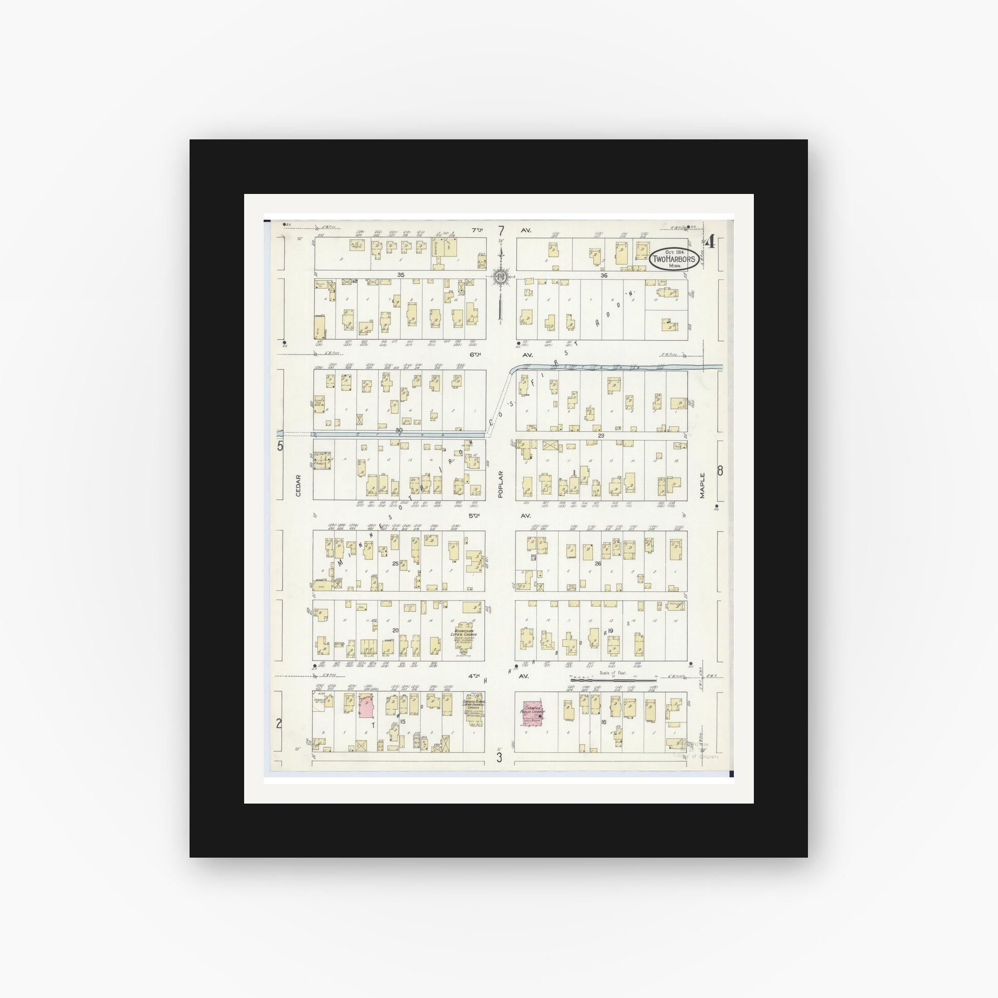Old map wall art mockup — black gallery frame with white mat — Sanborn Fire Insurance Map from Two Harbors, Lake County, Minnesota (1914), Sheet #0004