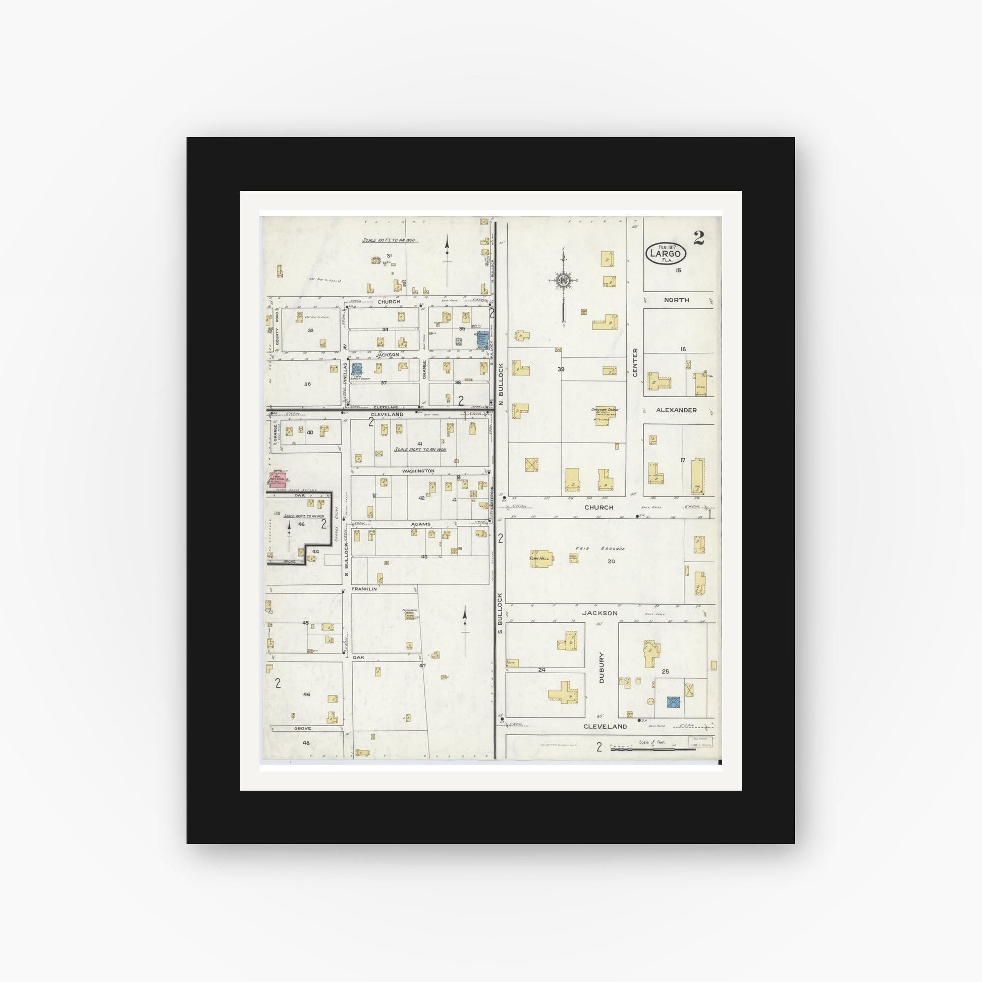Old map wall art mockup — black gallery frame with white mat — Sanborn Fire Insurance Map from Largo, Pinellas County, Florida (1917), Sheet #0002