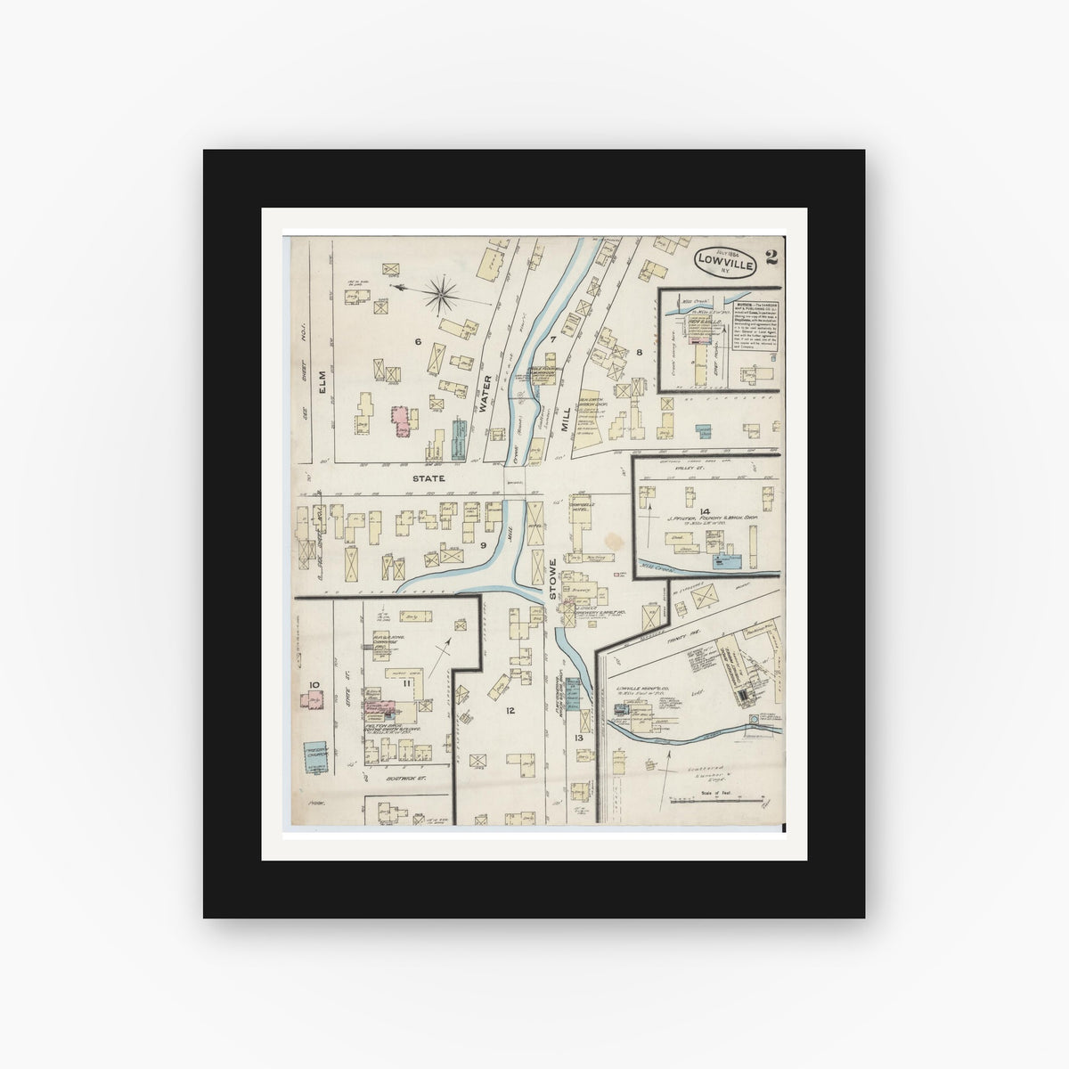 Old map wall art mockup — black gallery frame with white mat — Sanborn Fire Insurance Map from Lowville, Lewis County, New York (1884), Sheet #0002