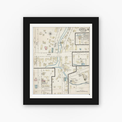 Old map wall art mockup — black gallery frame with white mat — Sanborn Fire Insurance Map from Lowville, Lewis County, New York (1884), Sheet #0002