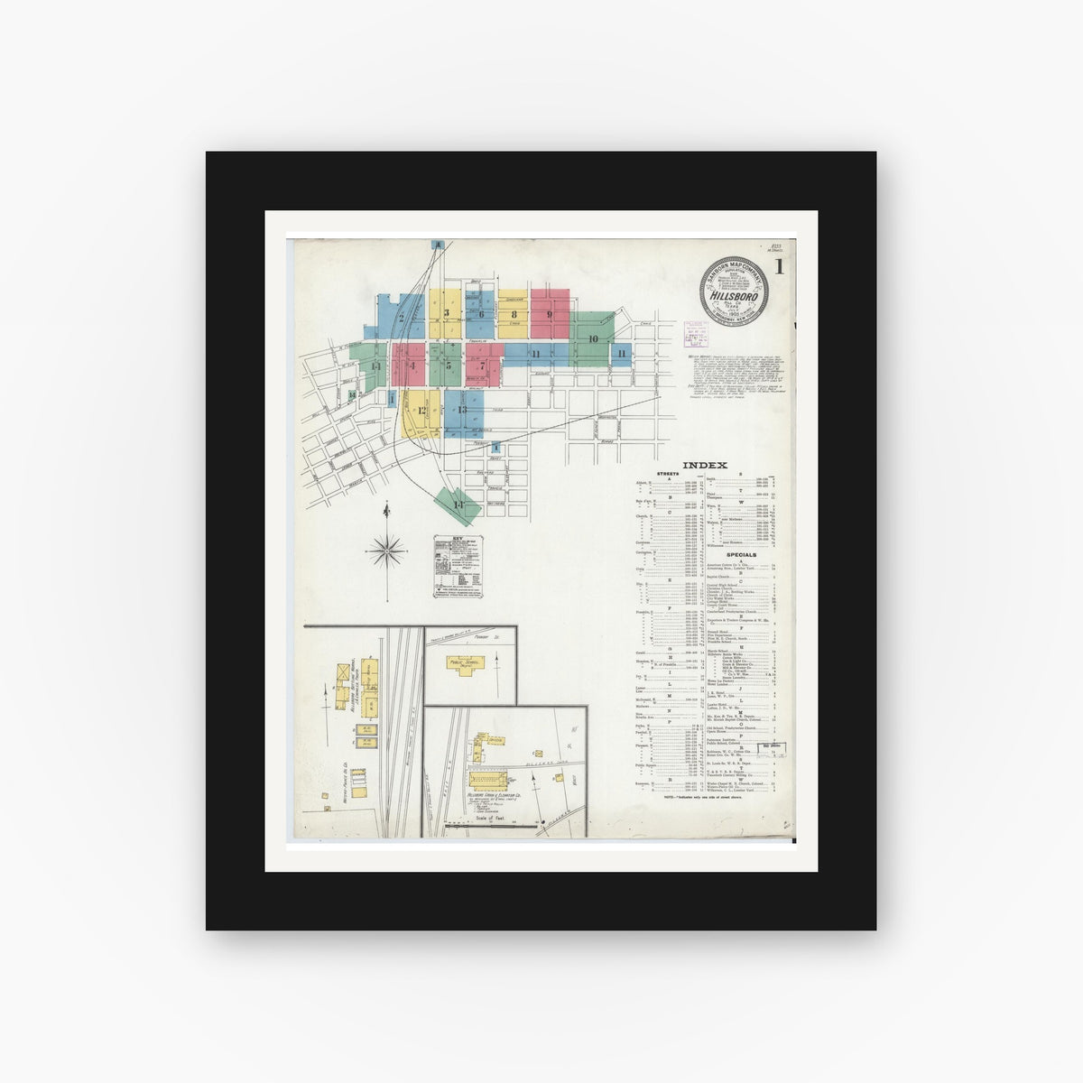 Old map wall art mockup — black gallery frame with white mat — Sanborn Fire Insurance Map from Hillsboro, Hill County, Texas (1905), Sheet #0001
